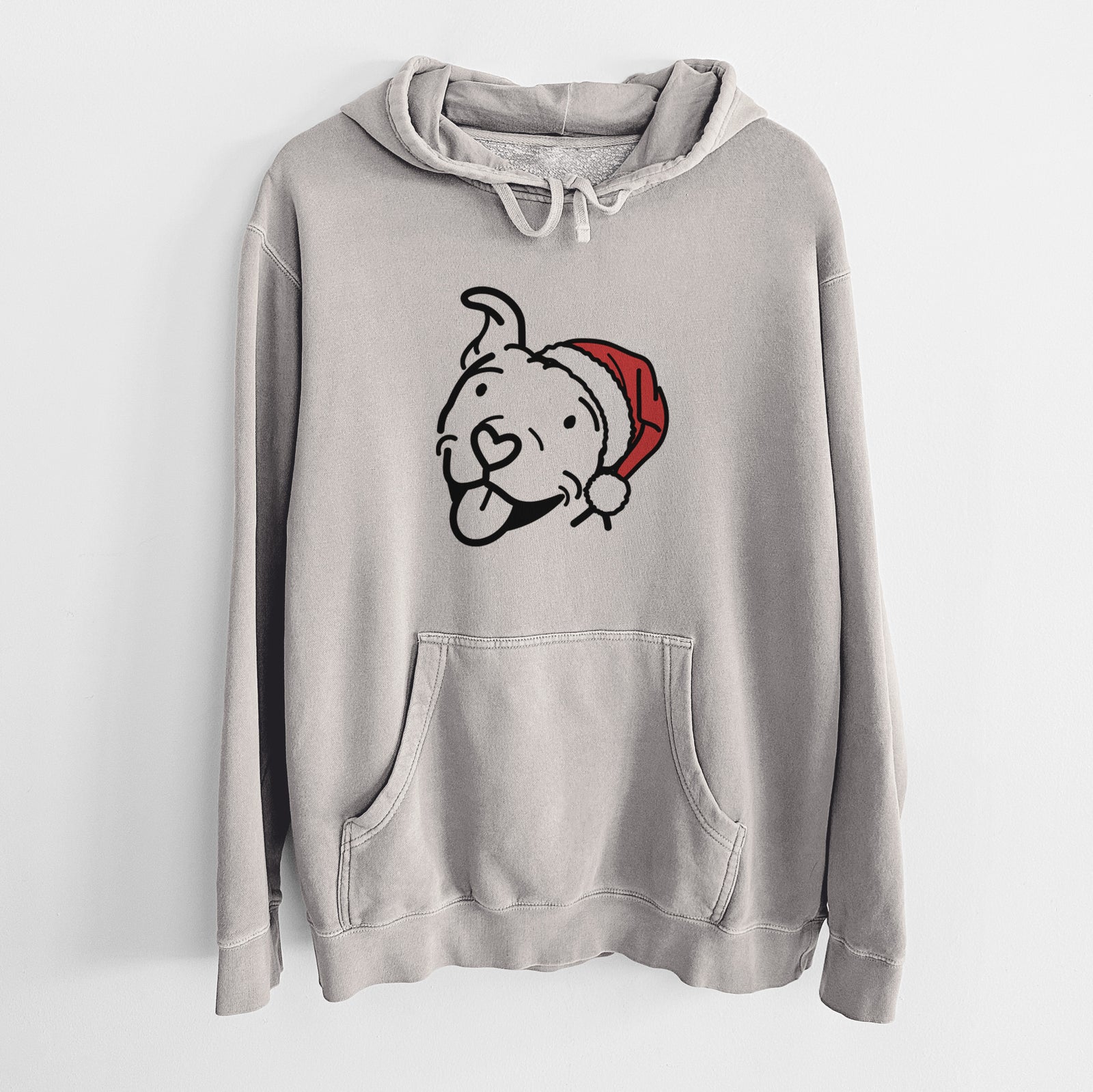 Minimalist line drawing of Arlo the Pitbull wearing a Santa hat on a Cement Unisex pigment dyed hoodie