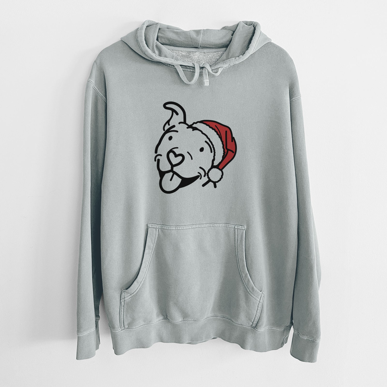 Minimalist line drawing of Arlo the Pitbull wearing a Santa hat on a Sage Unisex pigment dyed hoodie