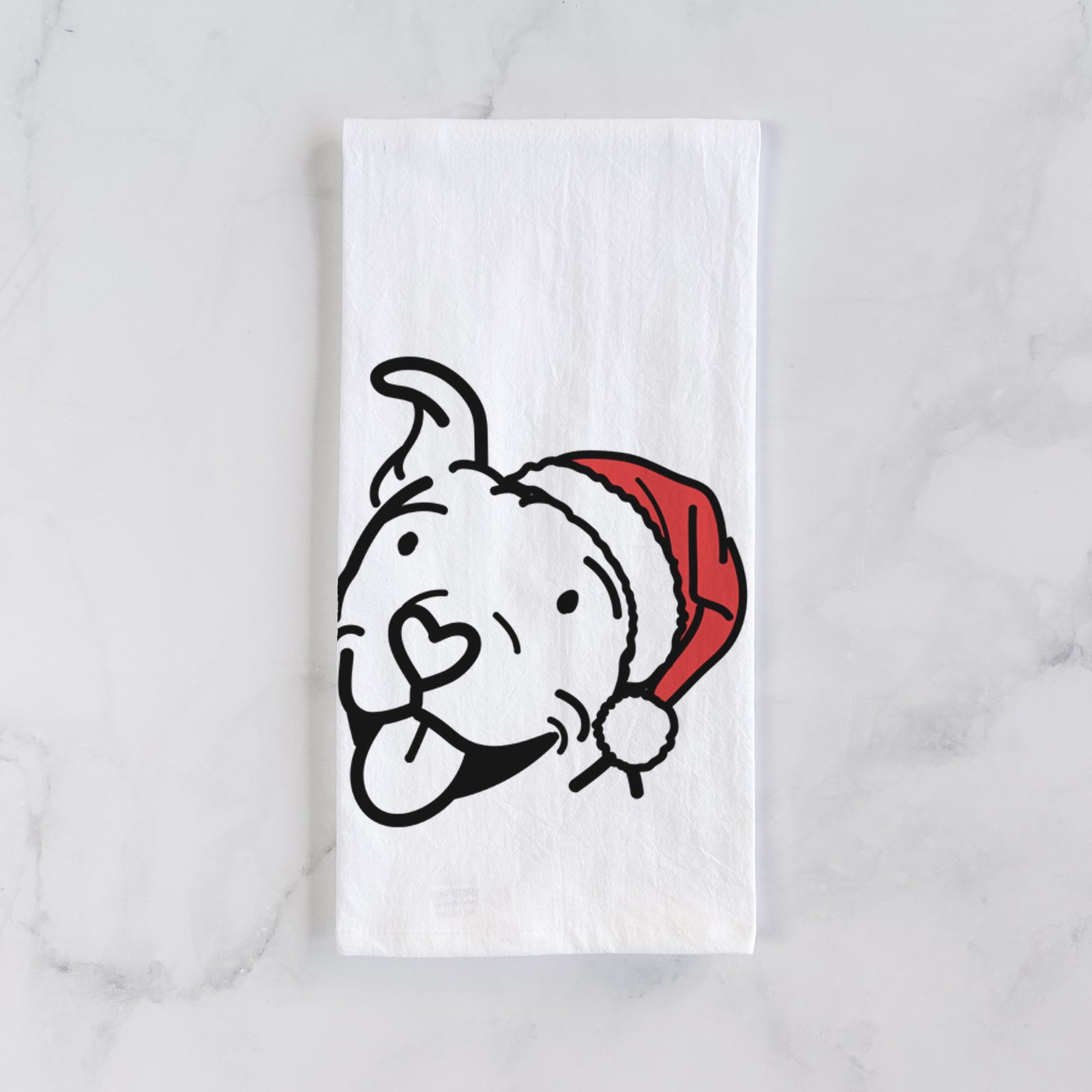 Minimalist line drawing of Arlo the Pitbull wearing a Santa hat on a tea towel