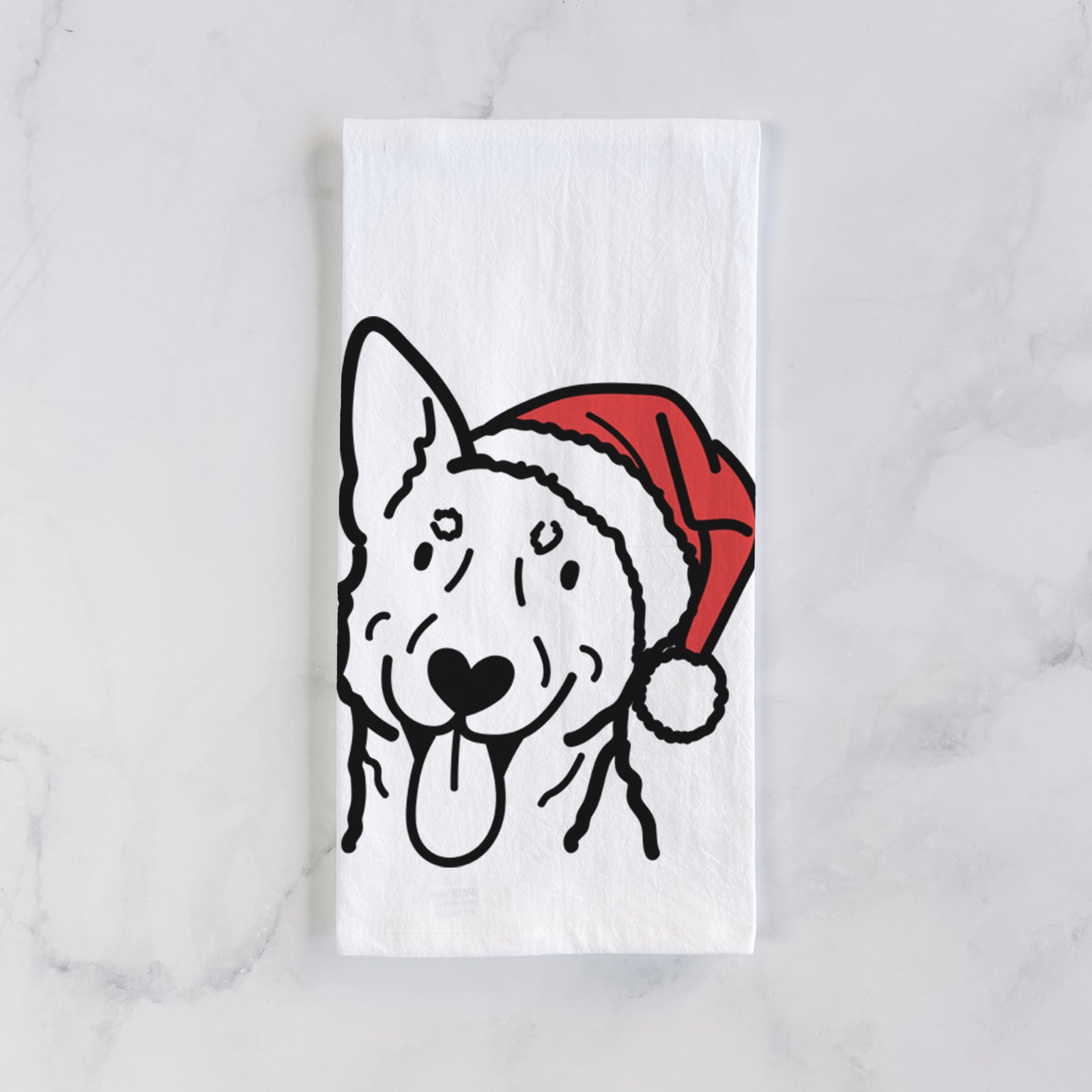 Minimalist line drawing of an Australian Cattle Dog wearing a Santa hat on a tea towel