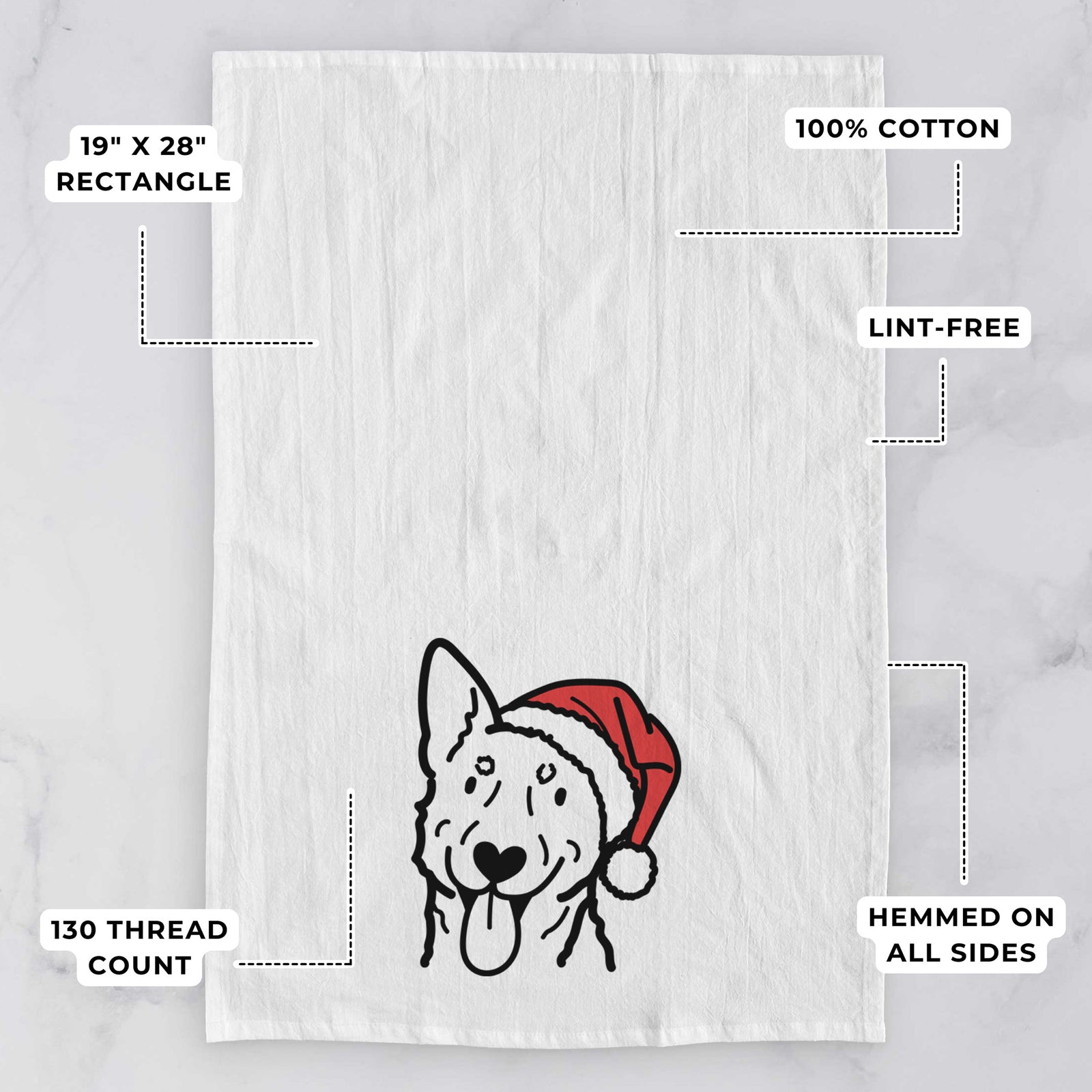 Minimalist line drawing of an Australian Cattle Dog wearing a Santa hat on a tea towel, with feature callouts: 19 x 28 inch rectangle, 100% cotton, lint-free, 120 thread count, hemmed on all sides