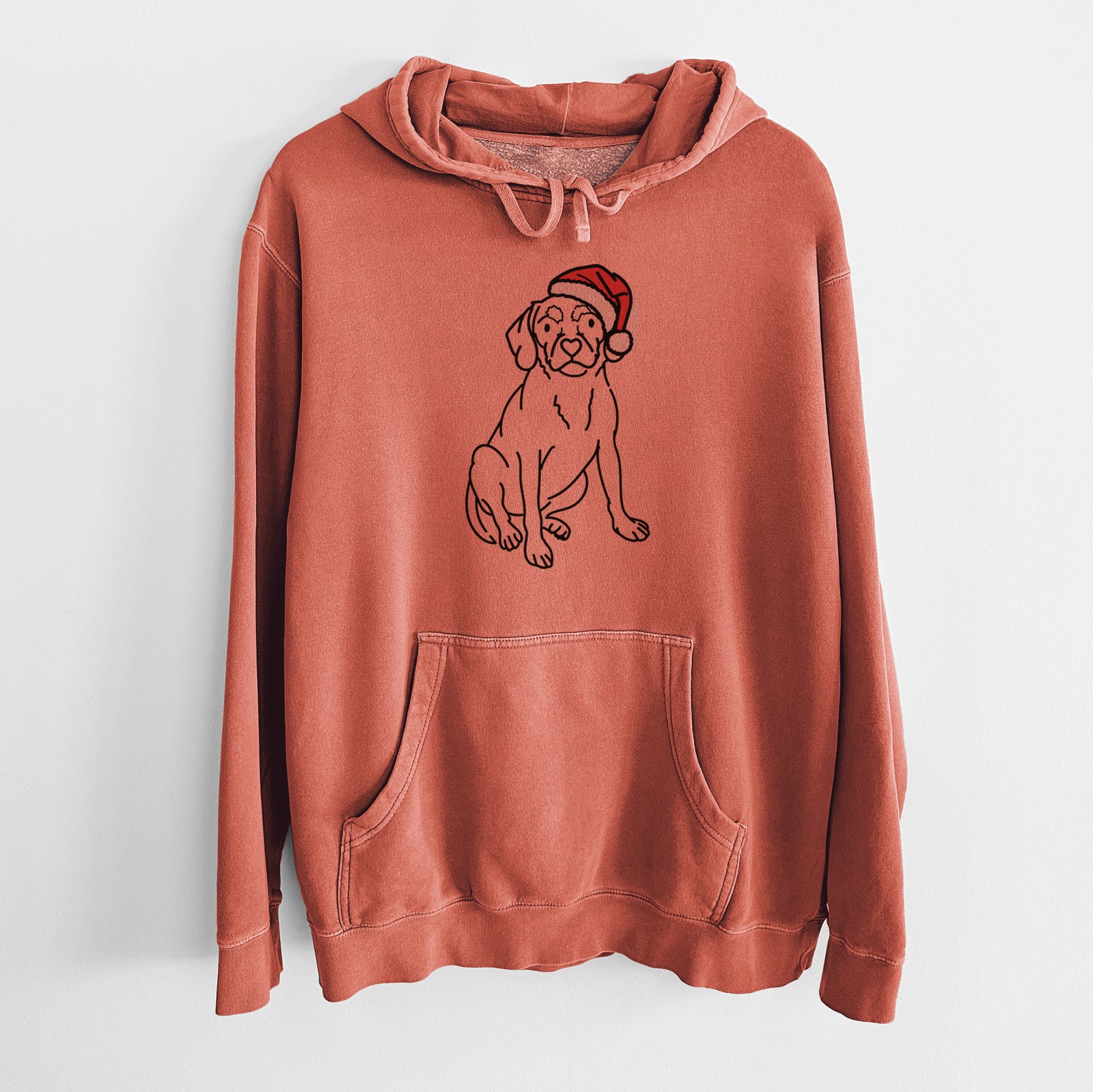 Minimalist line drawing of Babs the Puggle wearing a Santa hat on an Amber Unisex pigment dyed hoodie