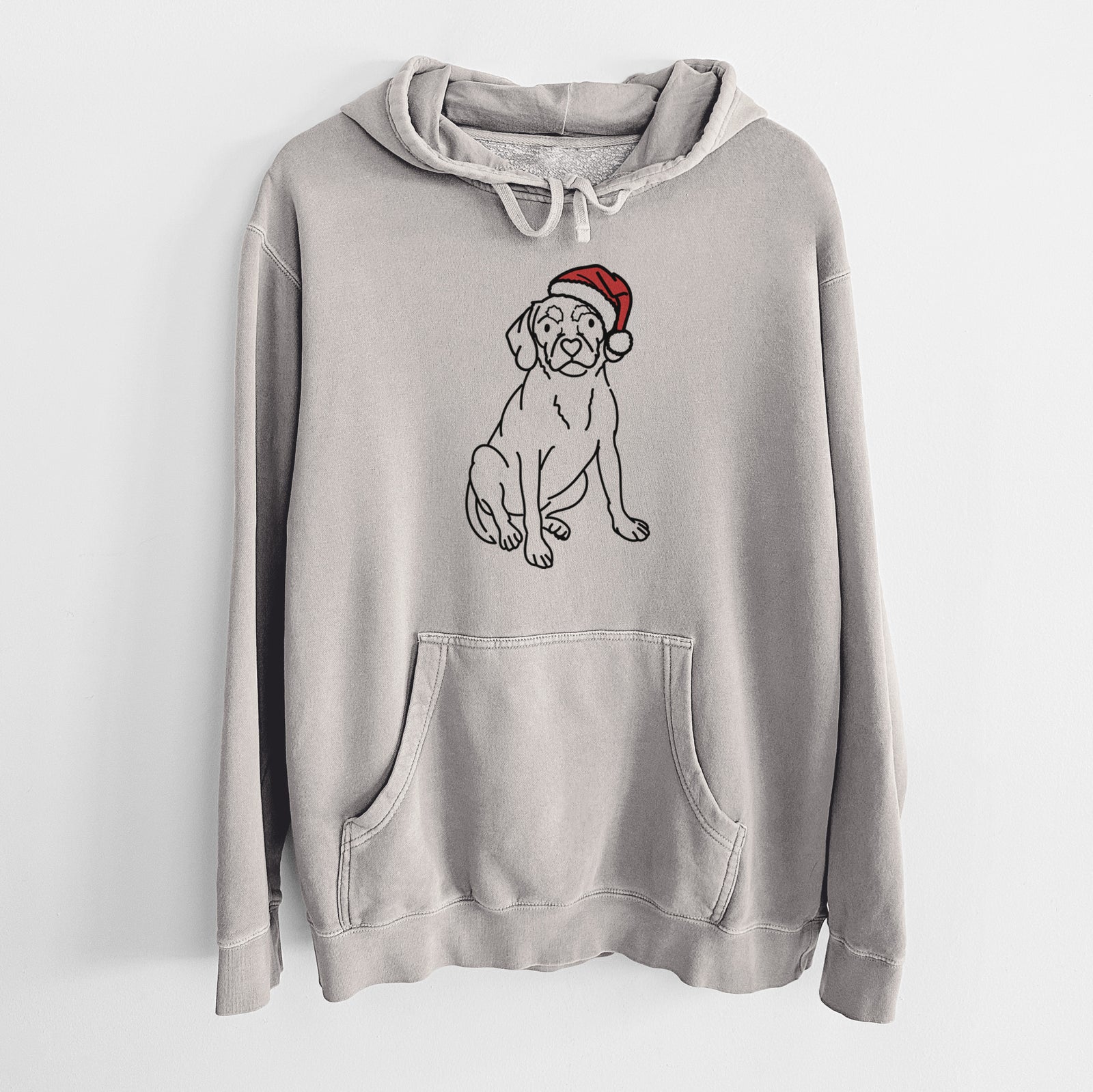 Minimalist line drawing of Babs the Puggle wearing a Santa hat on a Cement Unisex pigment dyed hoodie