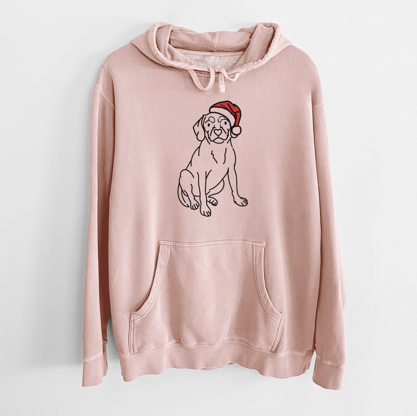 Minimalist line drawing of Babs the Puggle wearing a Santa hat on a Dusty Pink Unisex pigment dyed hoodie