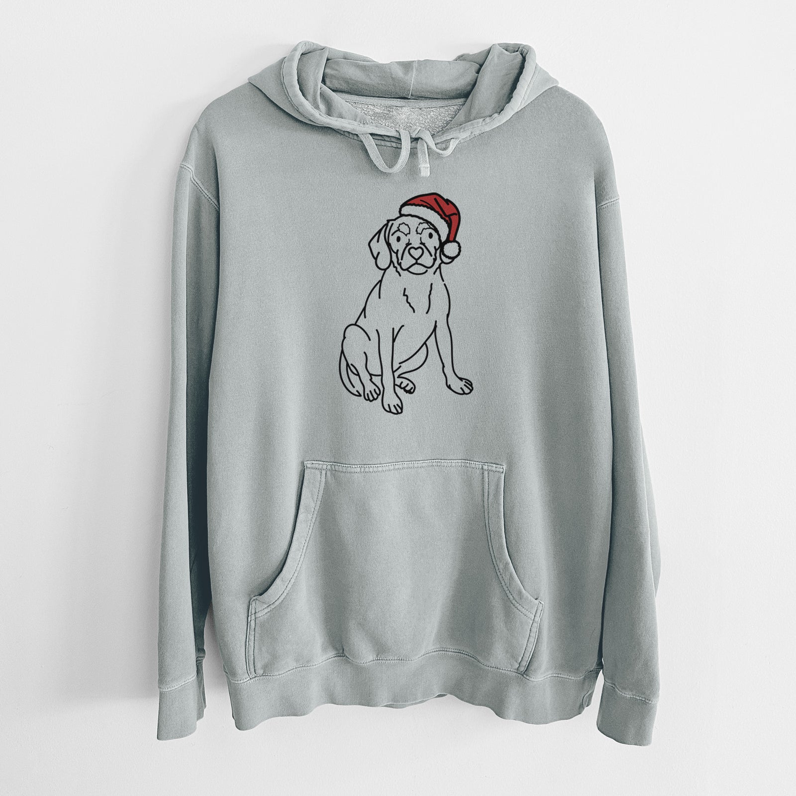 Minimalist line drawing of Babs the Puggle wearing a Santa hat on a Sage Unisex pigment dyed hoodie