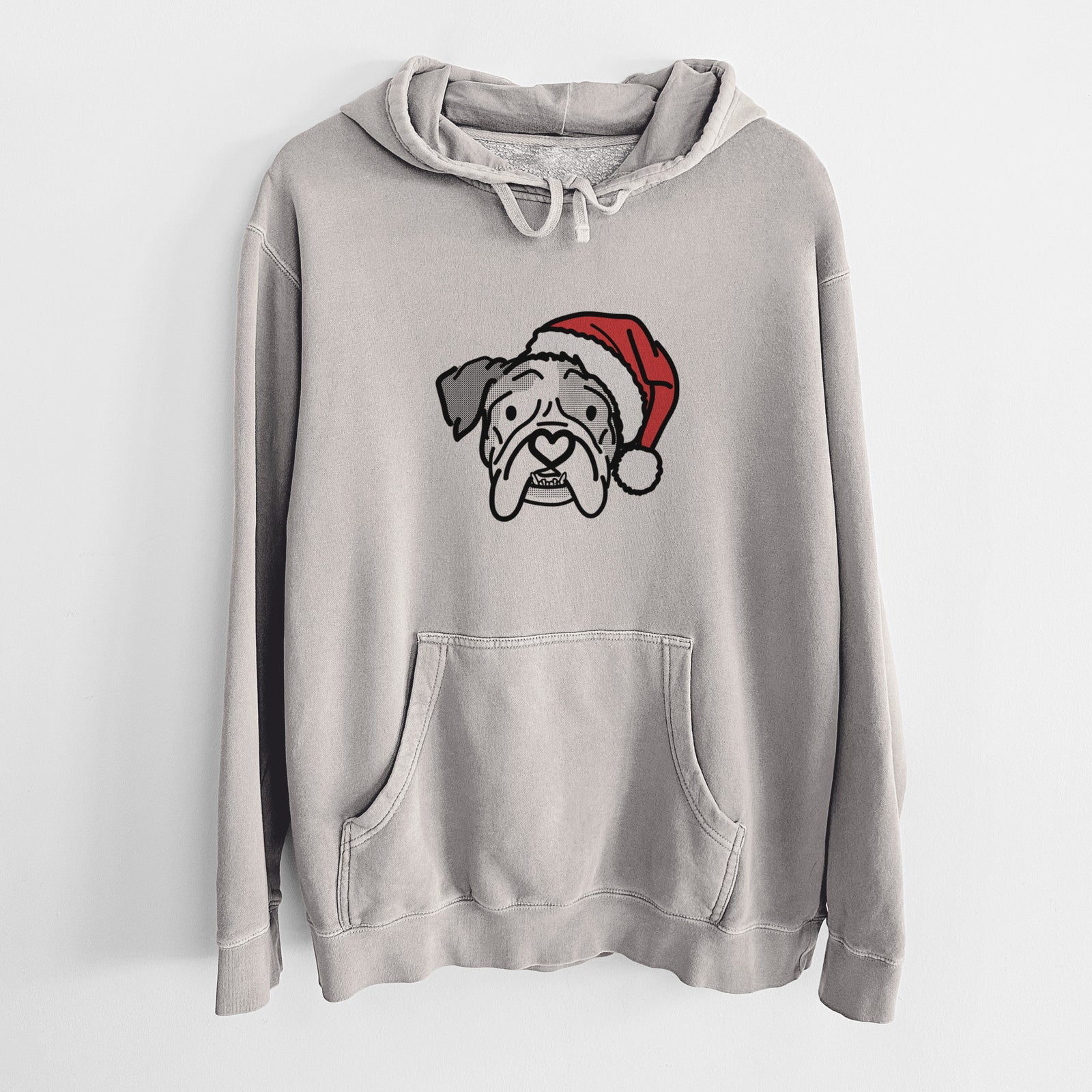 Minimalist line drawing of Bailey the English Bulldog wearing a Santa hat on a Cement Unisex pigment dyed hoodie