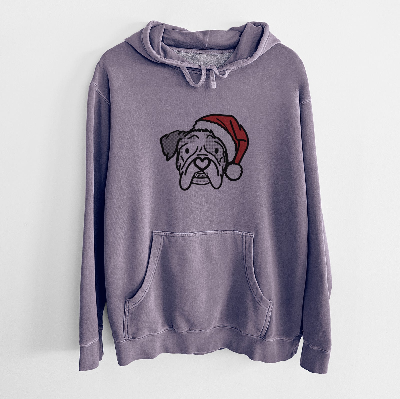 Minimalist line drawing of Bailey the English Bulldog wearing a Santa hat on a Plum Unisex pigment dyed hoodie
