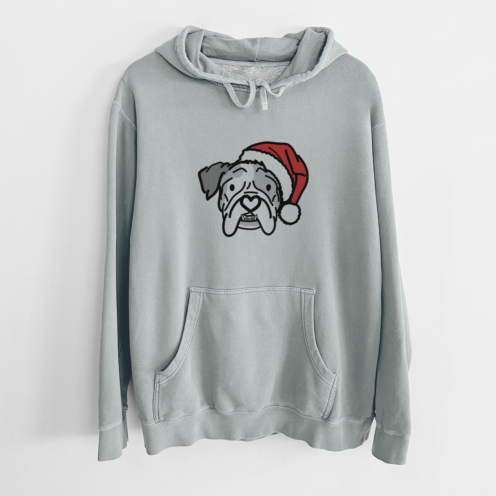 Minimalist line drawing of Bailey the English Bulldog wearing a Santa hat on a Sage Unisex pigment dyed hoodie