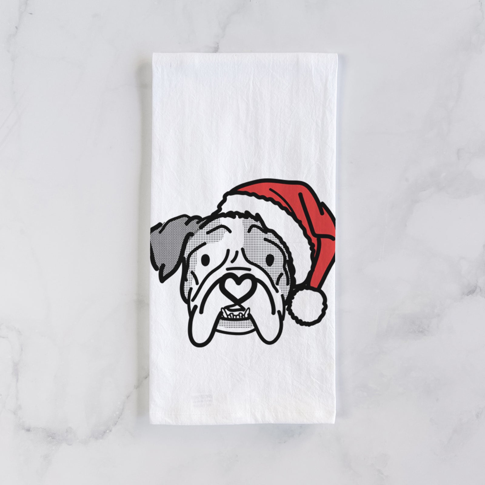 Minimalist line drawing of Bailey the English Bulldog wearing a Santa hat on a tea towel