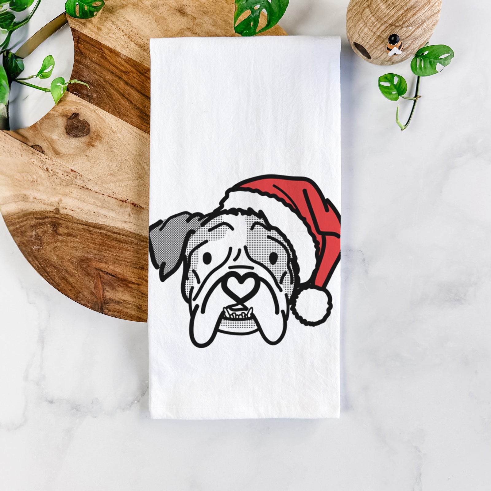 Minimalist line drawing of Bailey the English Bulldog wearing a Santa hat on a tea towel