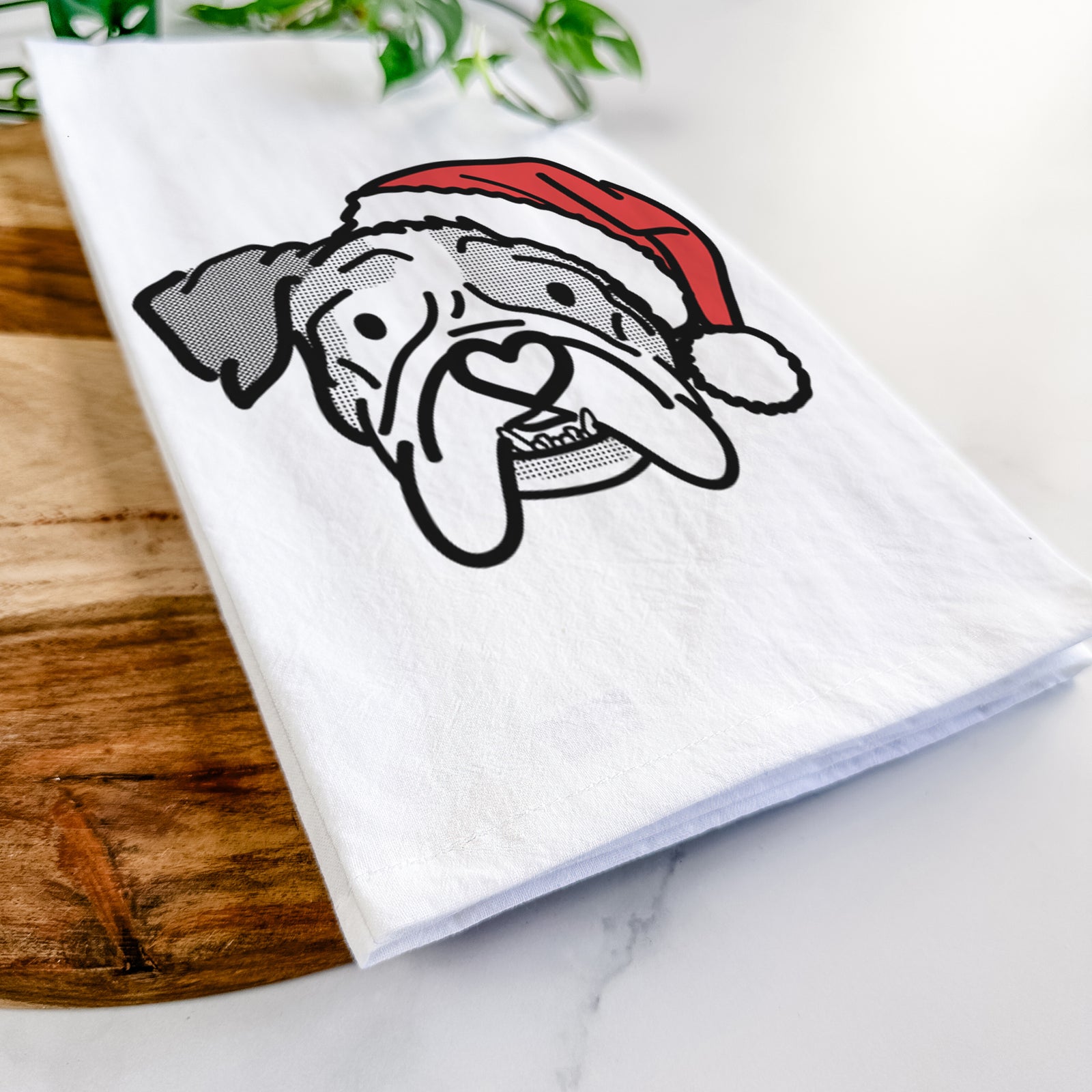 Minimalist line drawing of Bailey the English Bulldog wearing a Santa hat on a tea towel
