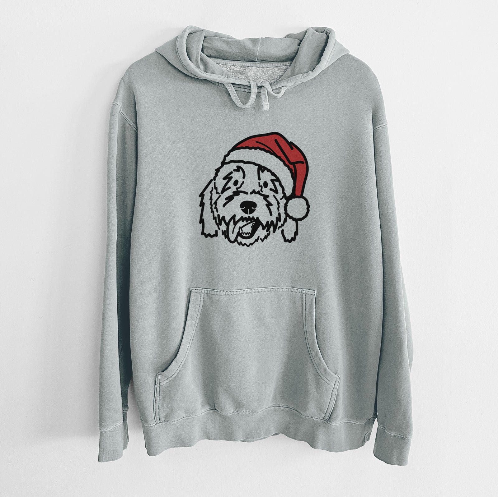 Minimalist line drawing of Barry the Goldendoodle wearing a Santa hat on a Sage Unisex pigment dyed hoodie