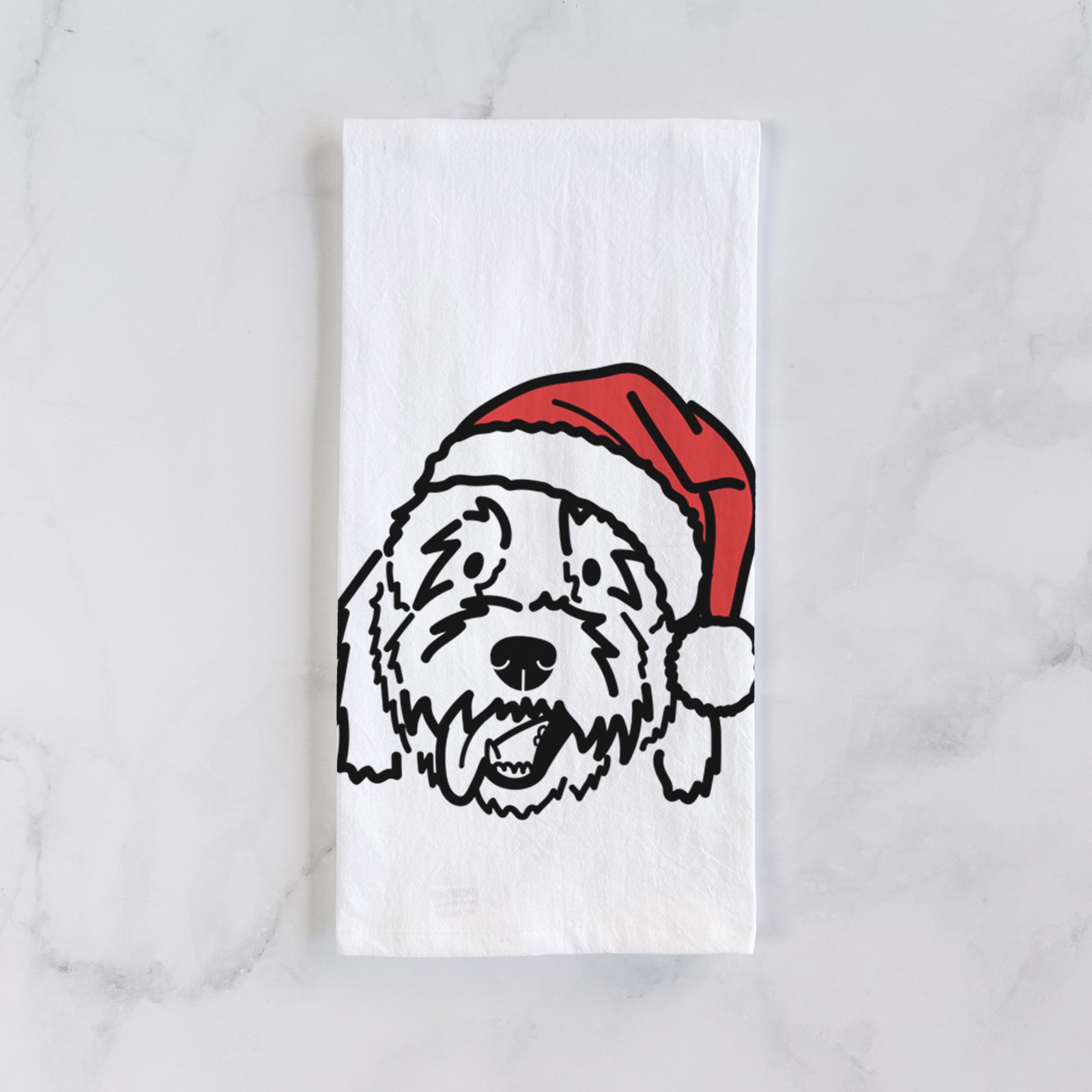 Minimalist line drawing of Barry the Goldendoodle wearing a Santa hat on a tea towel