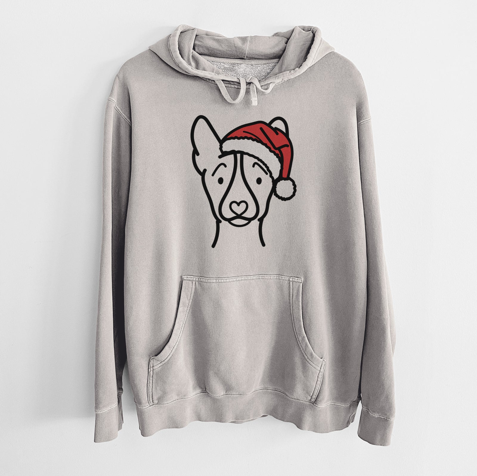 Minimalist line drawing of a Basenji wearing a Santa hat on a Cement Unisex pigment dyed hoodie