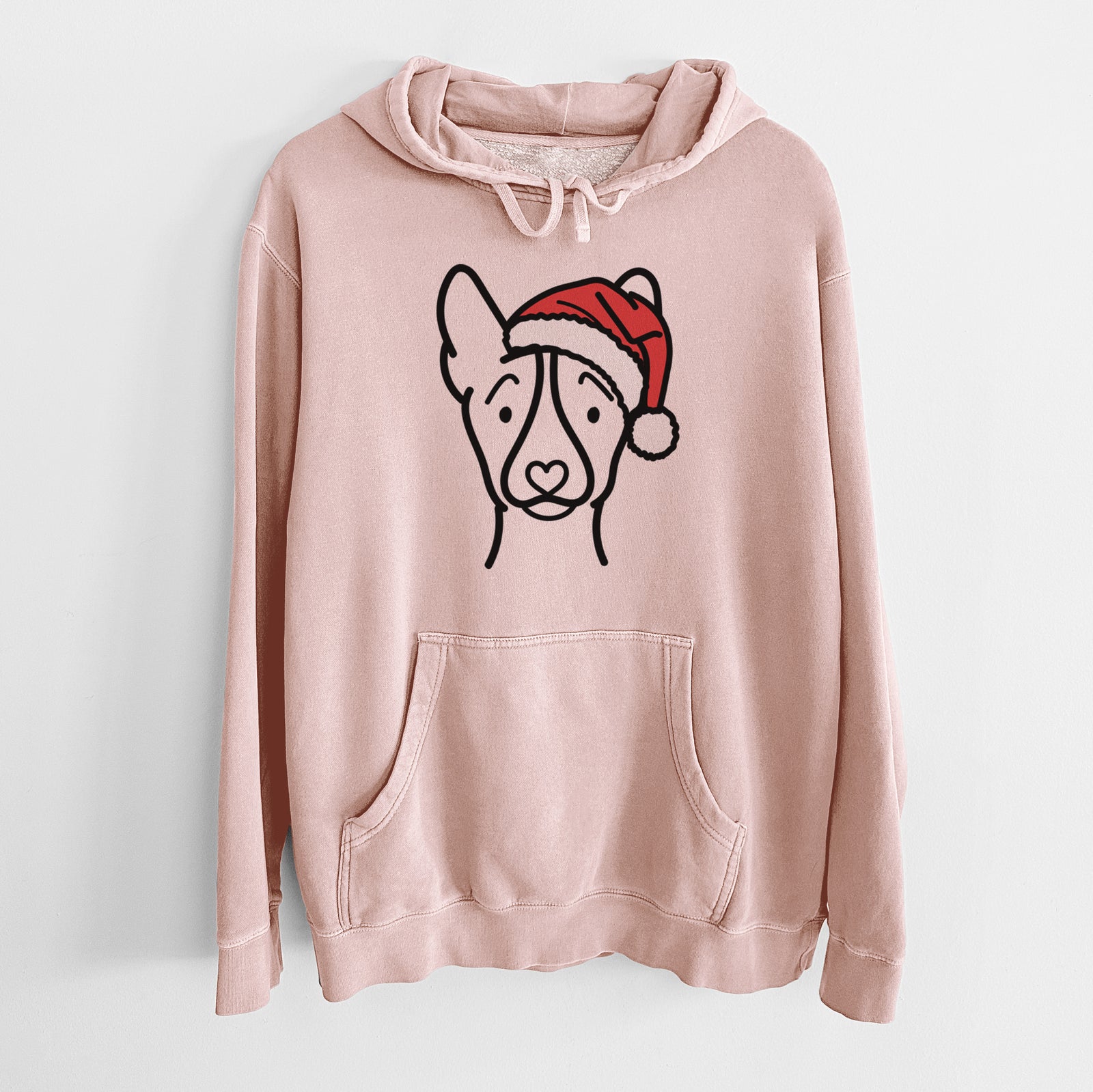 Minimalist line drawing of a Basenji wearing a Santa hat on a Dusty Pink Unisex pigment dyed hoodie