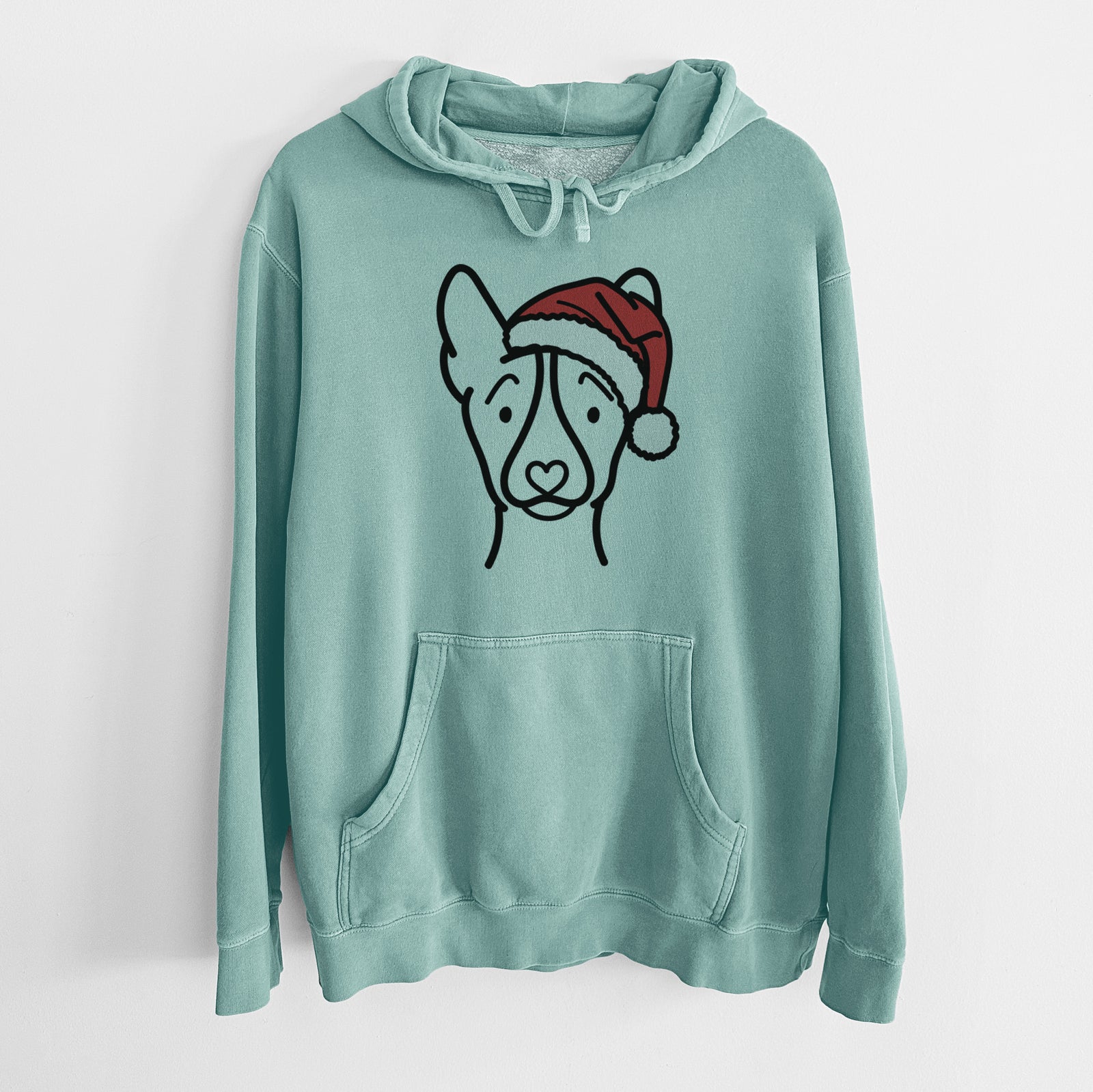 Minimalist line drawing of a Basenji wearing a Santa hat on a Mint Unisex pigment dyed hoodie