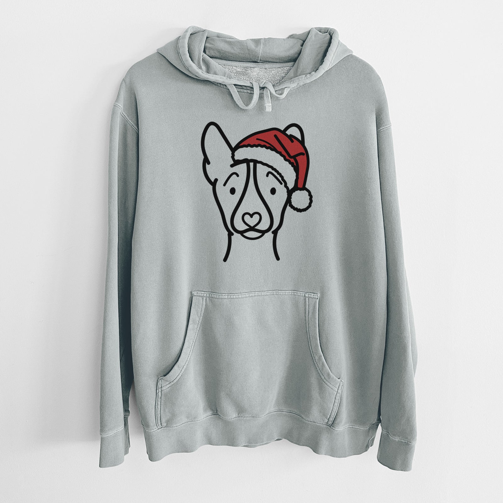 Minimalist line drawing of a Basenji wearing a Santa hat on a Sage Unisex pigment dyed hoodie