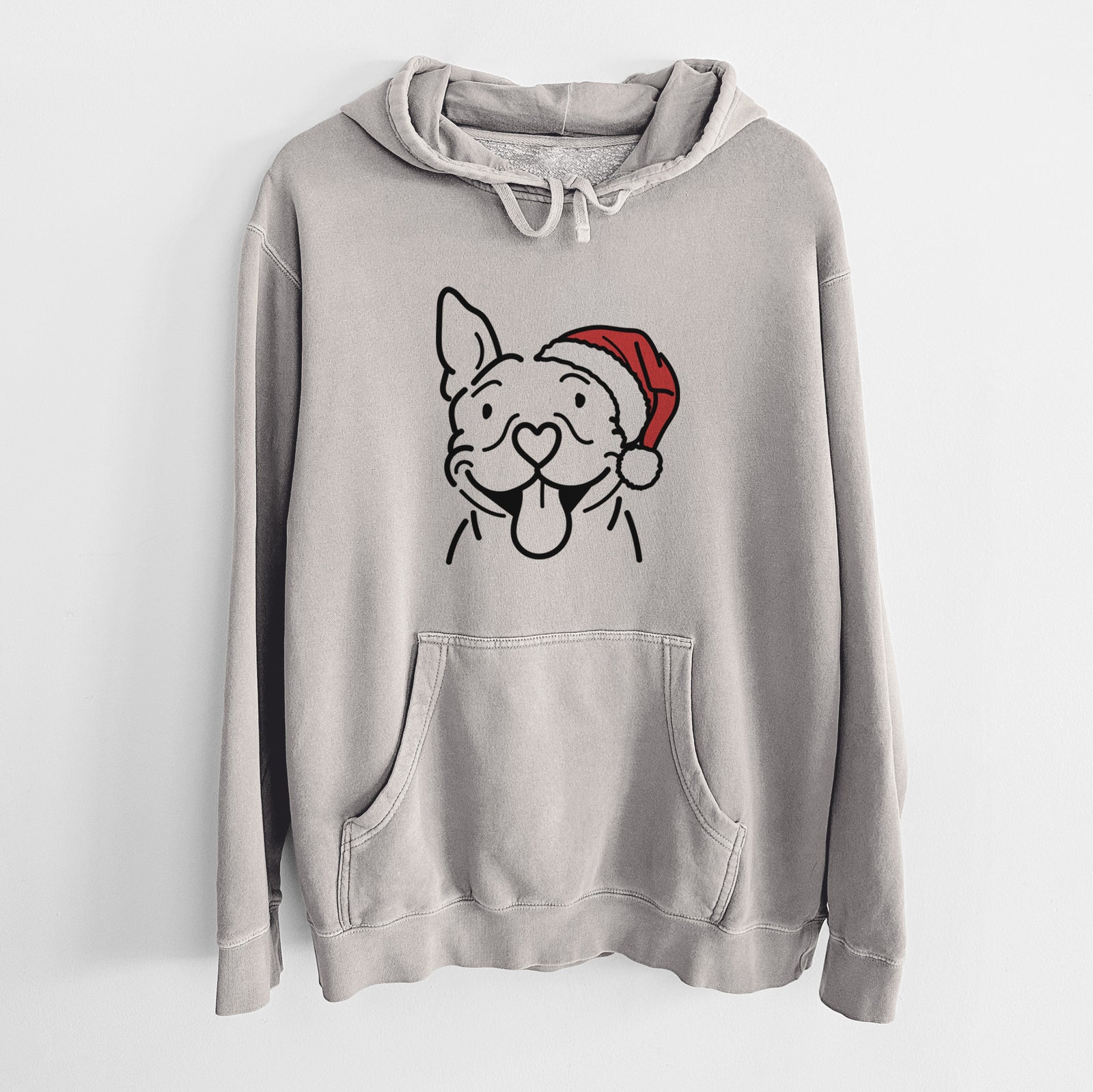 Minimalist line drawing of Basil the Pitbull wearing a Santa hat on a Cement Unisex pigment dyed hoodie