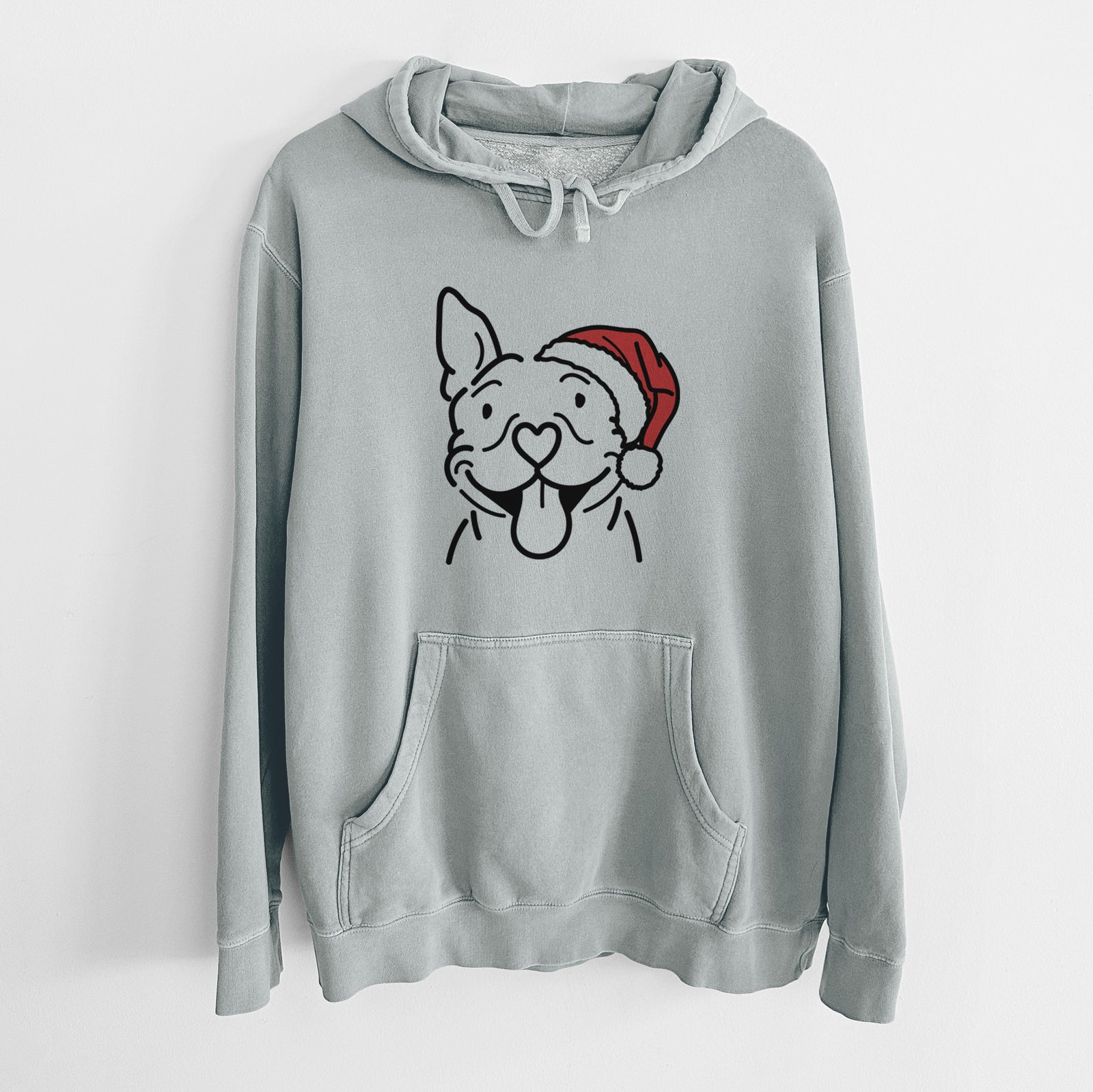 Minimalist line drawing of Basil the Pitbull wearing a Santa hat on a Sage Unisex pigment dyed hoodie