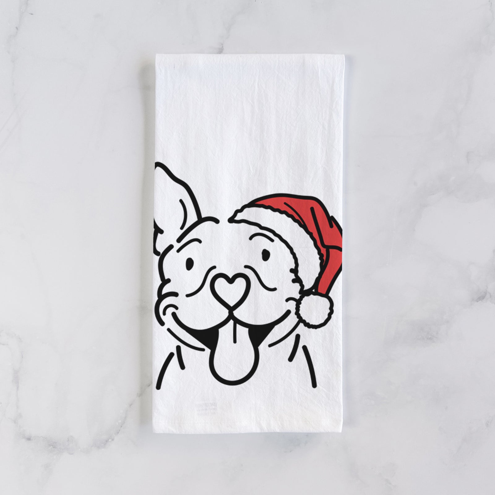 Minimalist line drawing of Basil the Pitbull wearing a Santa hat on a tea towel