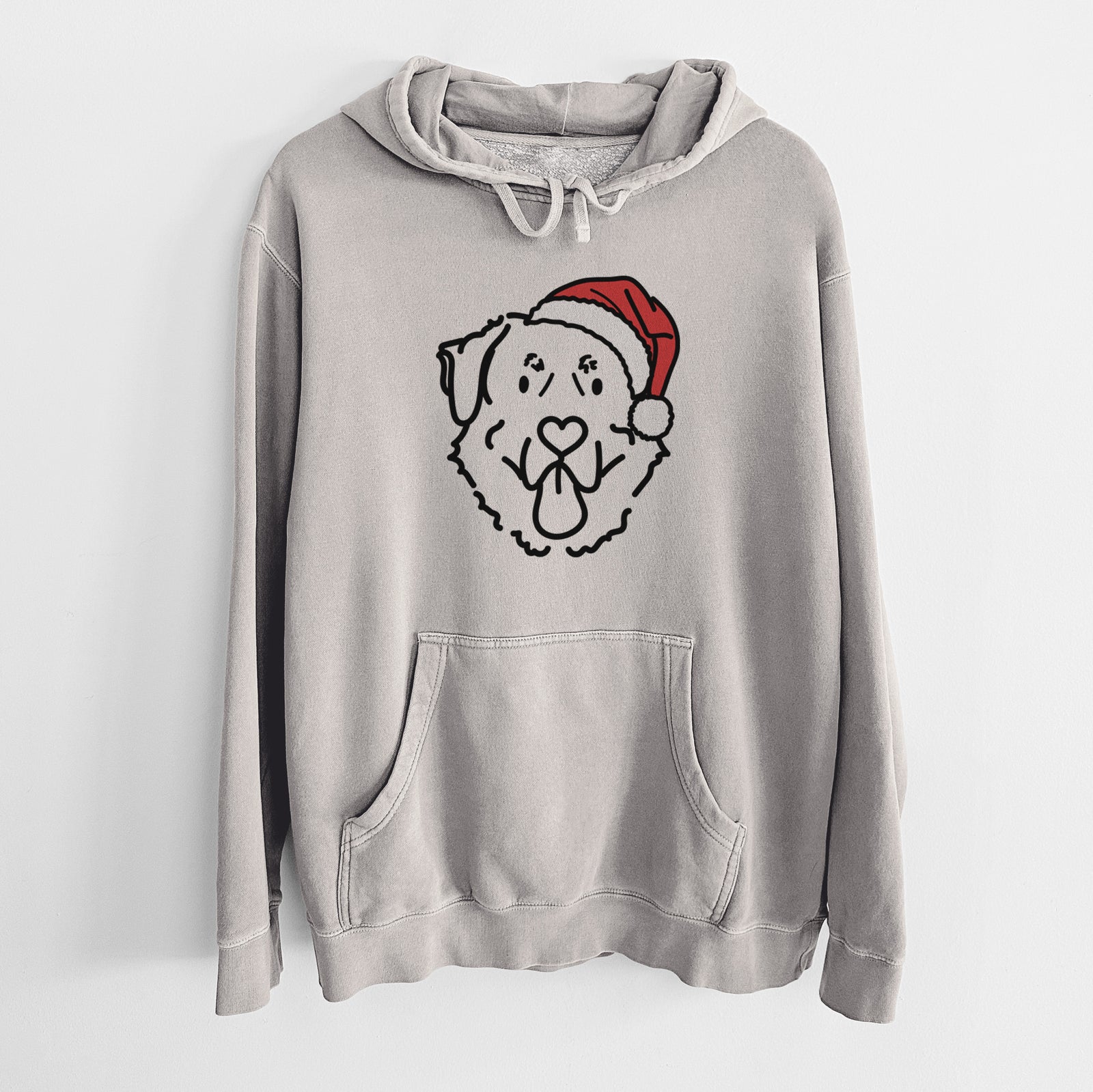 Minimalist line drawing of Batu the Anatolian Shepherd wearing a Santa hat on a Cement Unisex pigment dyed hoodie