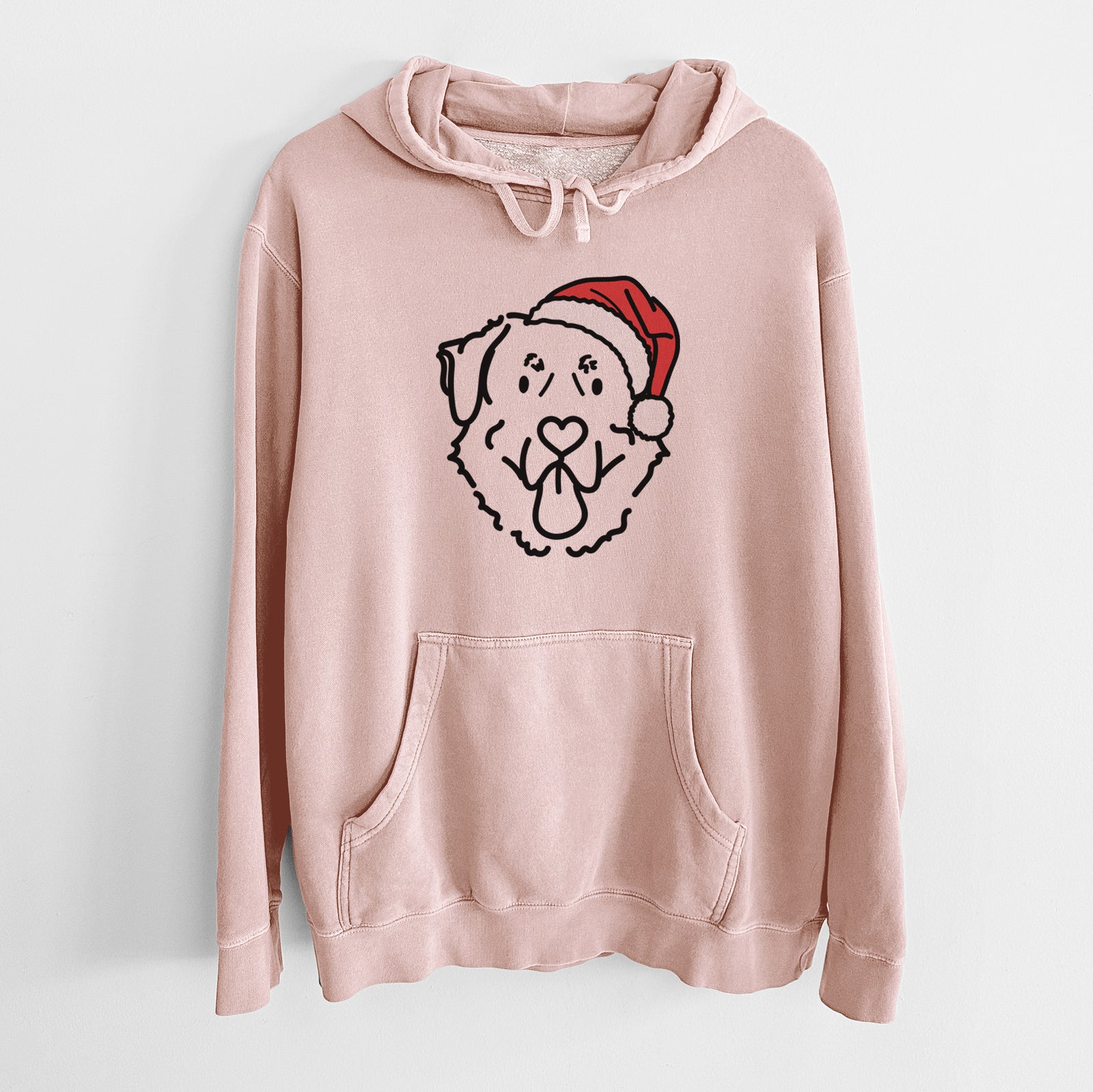 Minimalist line drawing of Batu the Anatolian Shepherd wearing a Santa hat on a Dusty Pink Unisex pigment dyed hoodie