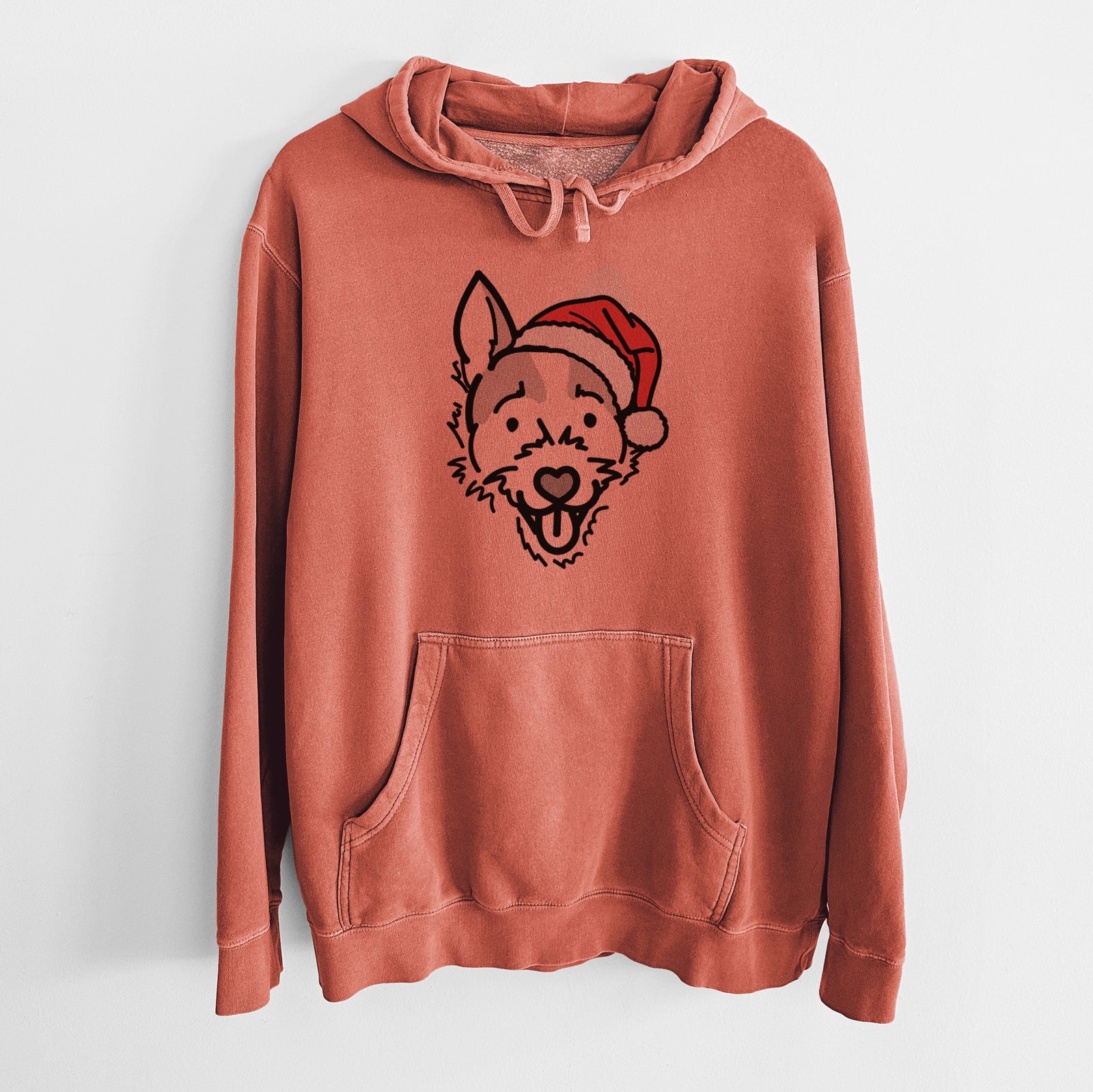 Minimalist line drawing of Baxter the Jack Russell Terrier wearing a Santa hat on an Amber Unisex pigment dyed hoodie