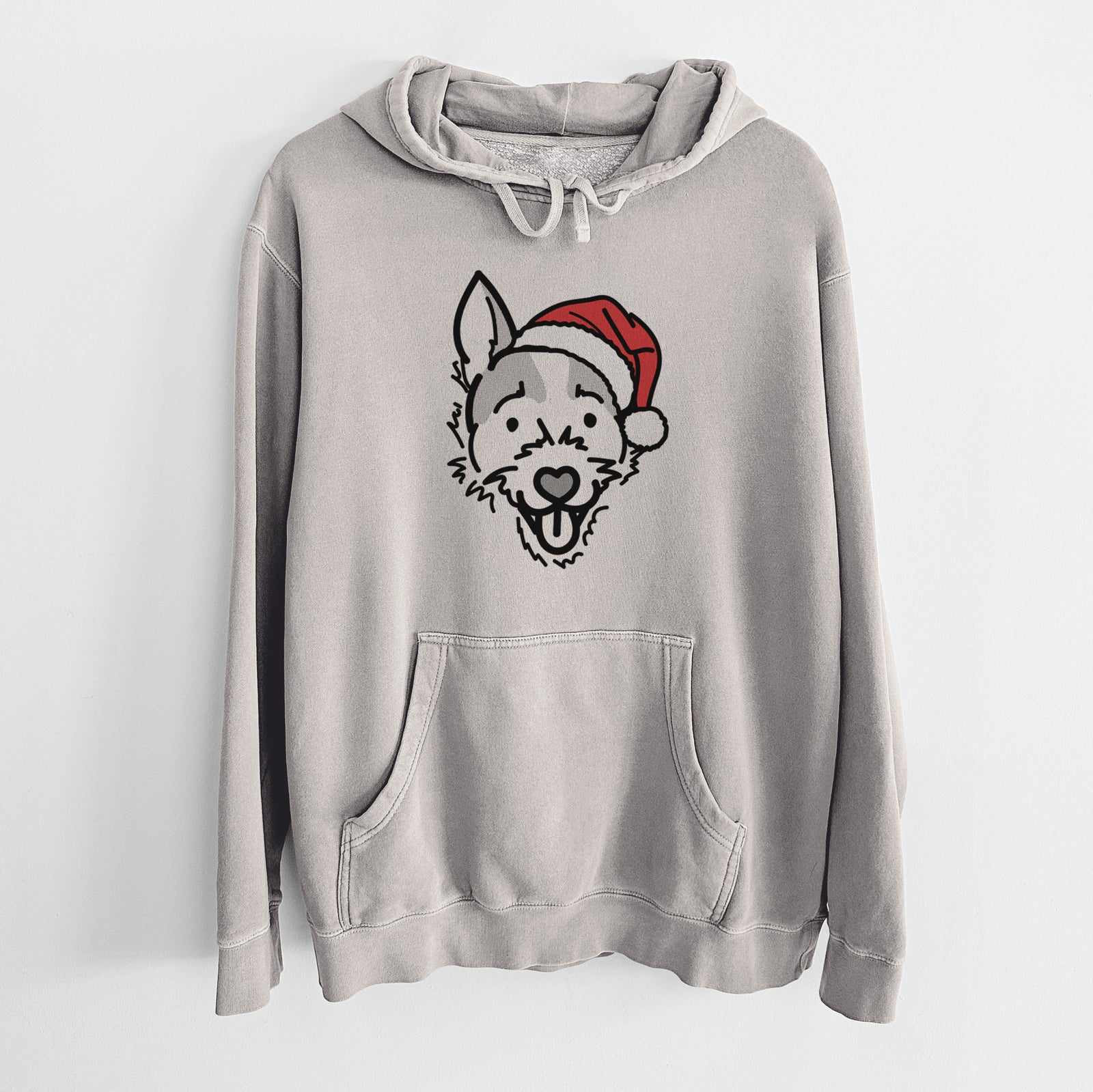 Minimalist line drawing of Baxter the Jack Russell Terrier wearing a Santa hat on a Cement Unisex pigment dyed hoodie
