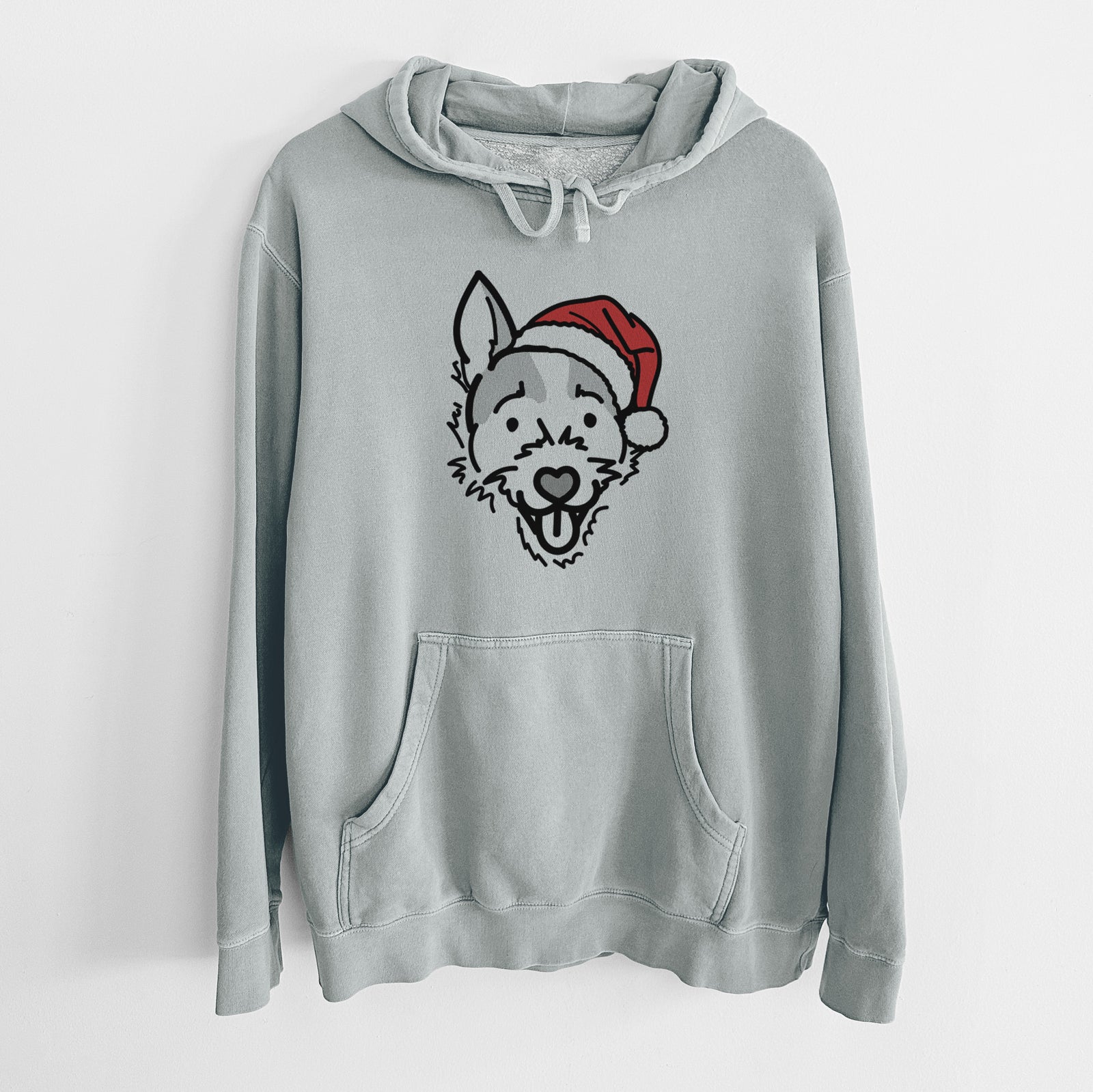 Minimalist line drawing of Baxter the Jack Russell Terrier wearing a Santa hat on a Sage Unisex pigment dyed hoodie