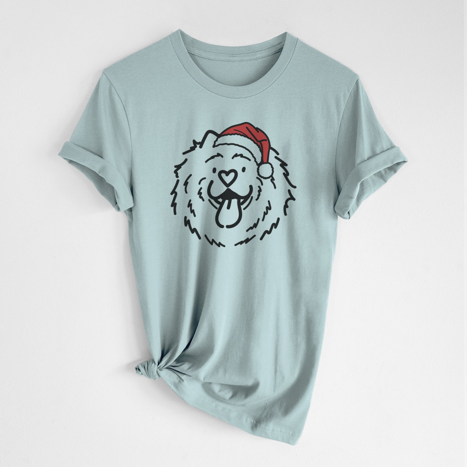 Minimalist line drawing of Bear the Chow Chow wearing a Santa hat on a Dusty Blue Unisex crewneck, worn by a woman
