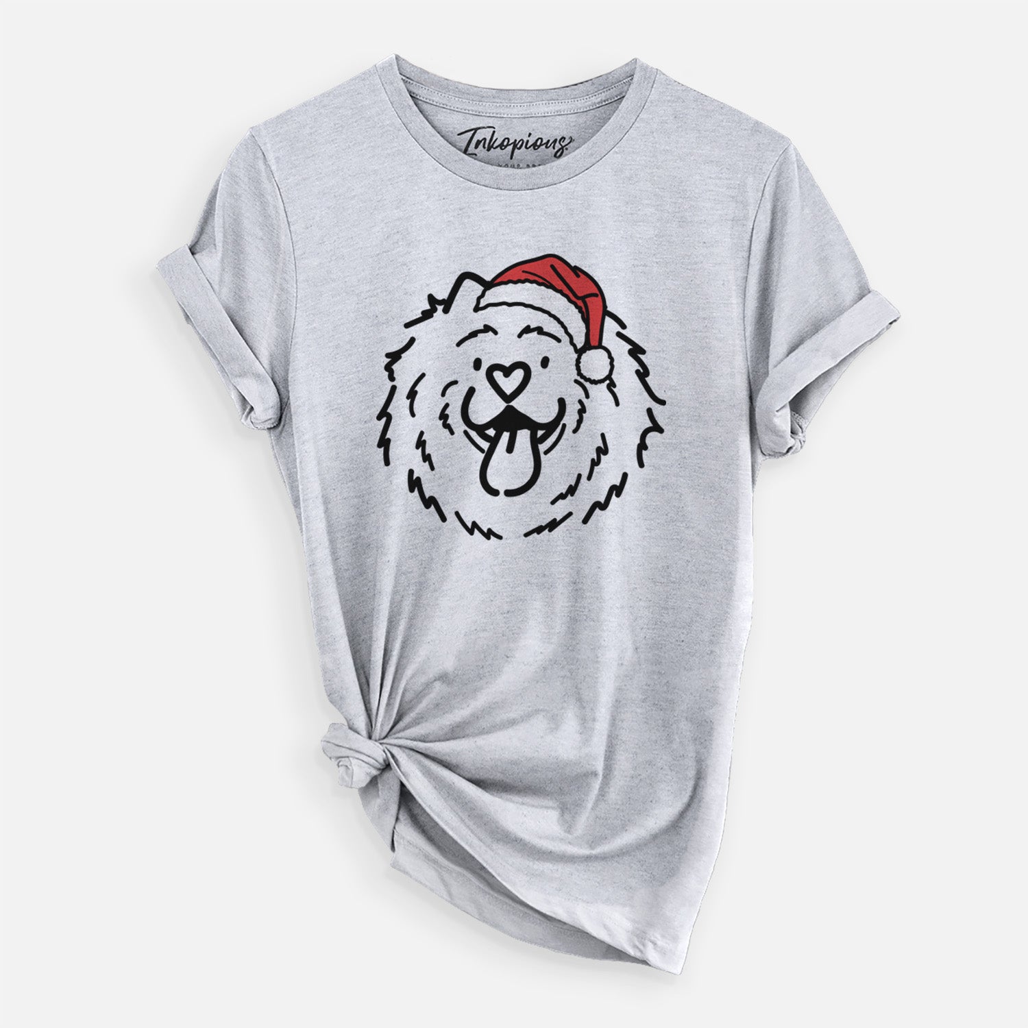 Minimalist line drawing of Bear the Chow Chow wearing a Santa hat on a Grey Unisex crewneck, worn by a woman