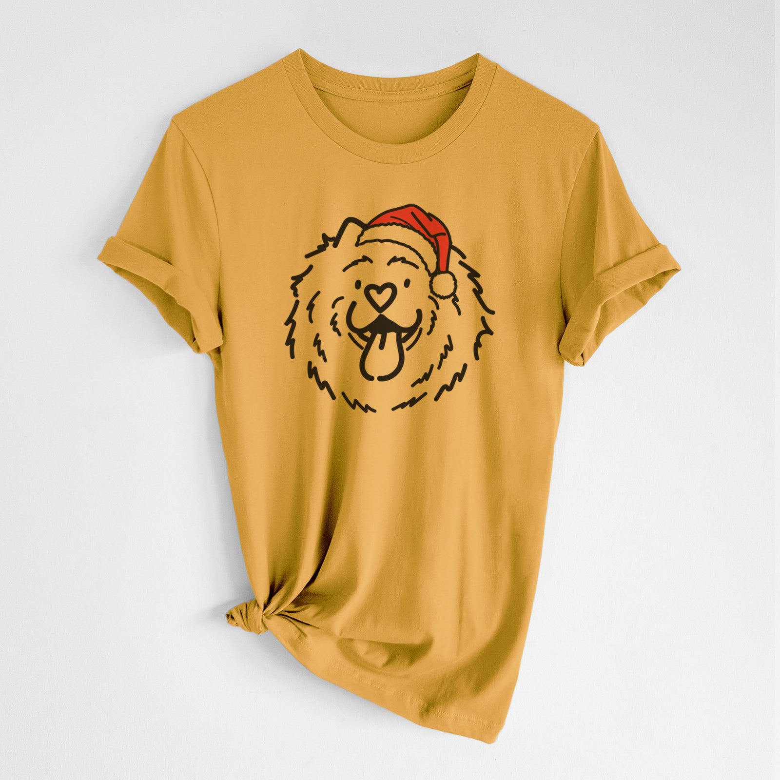 Minimalist line drawing of Bear the Chow Chow wearing a Santa hat on a Honeycomb Unisex crewneck, worn by a woman