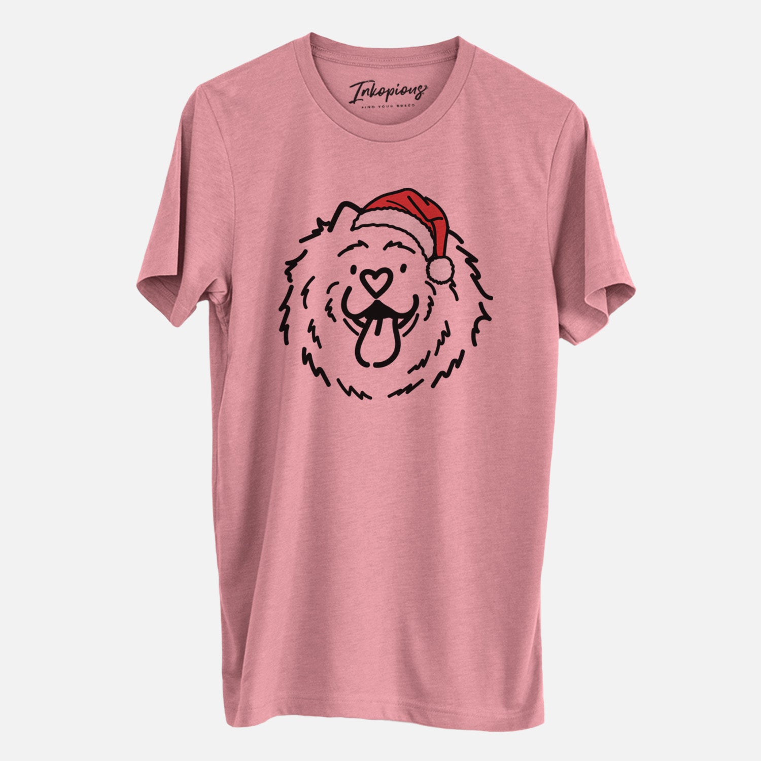 Minimalist line drawing of Bear the Chow Chow wearing a Santa hat on a Mauve Unisex crewneck, worn by a man
