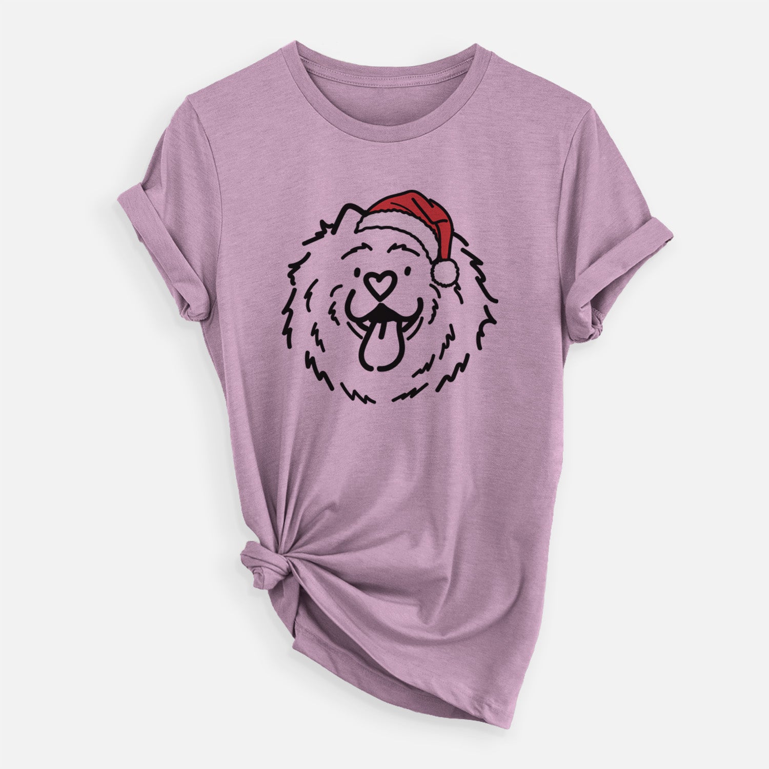 Minimalist line drawing of Bear the Chow Chow wearing a Santa hat on an Orchid Unisex crewneck, worn by a woman