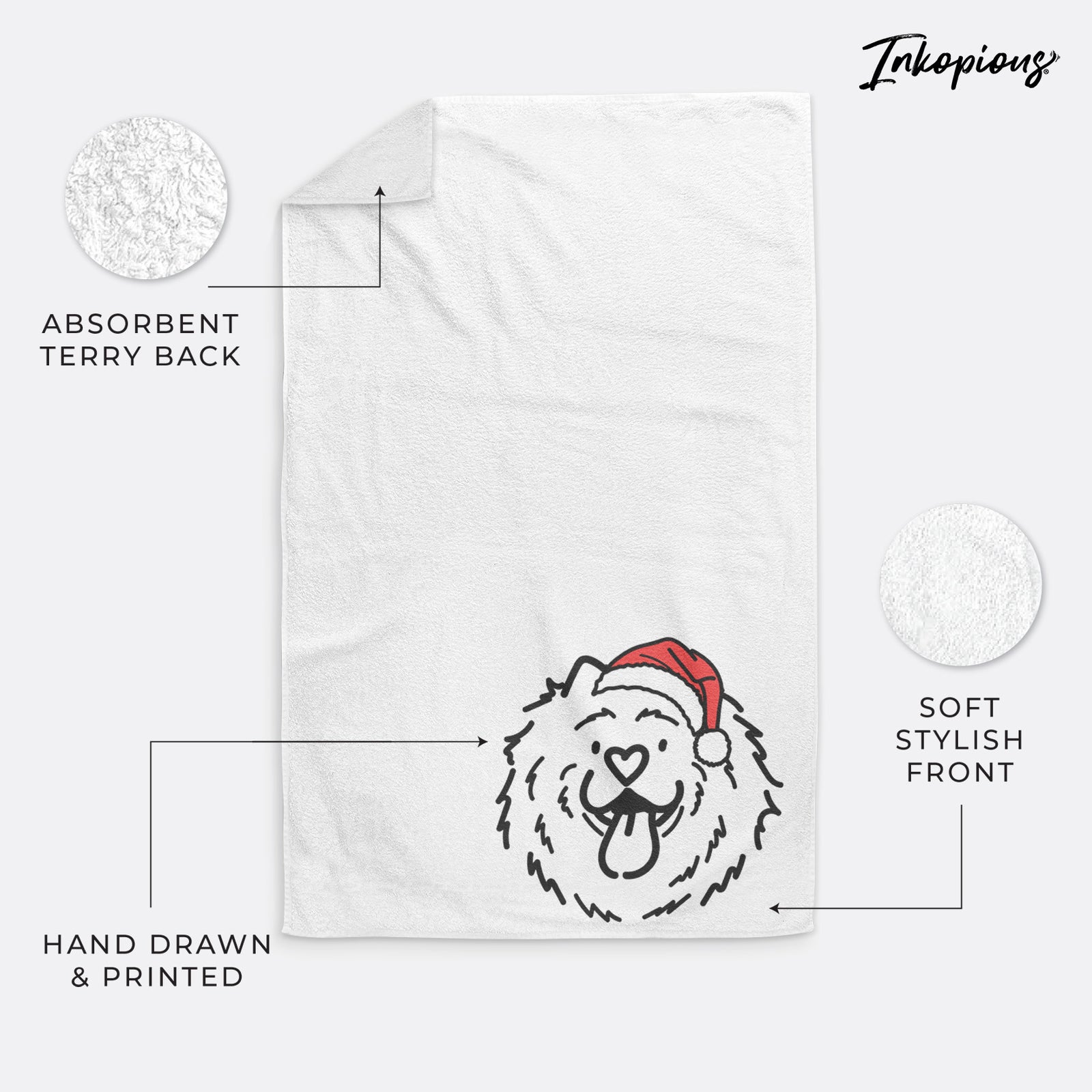 Minimalist line drawing of Bear the Chow Chow wearing a Santa hat on a hand towel