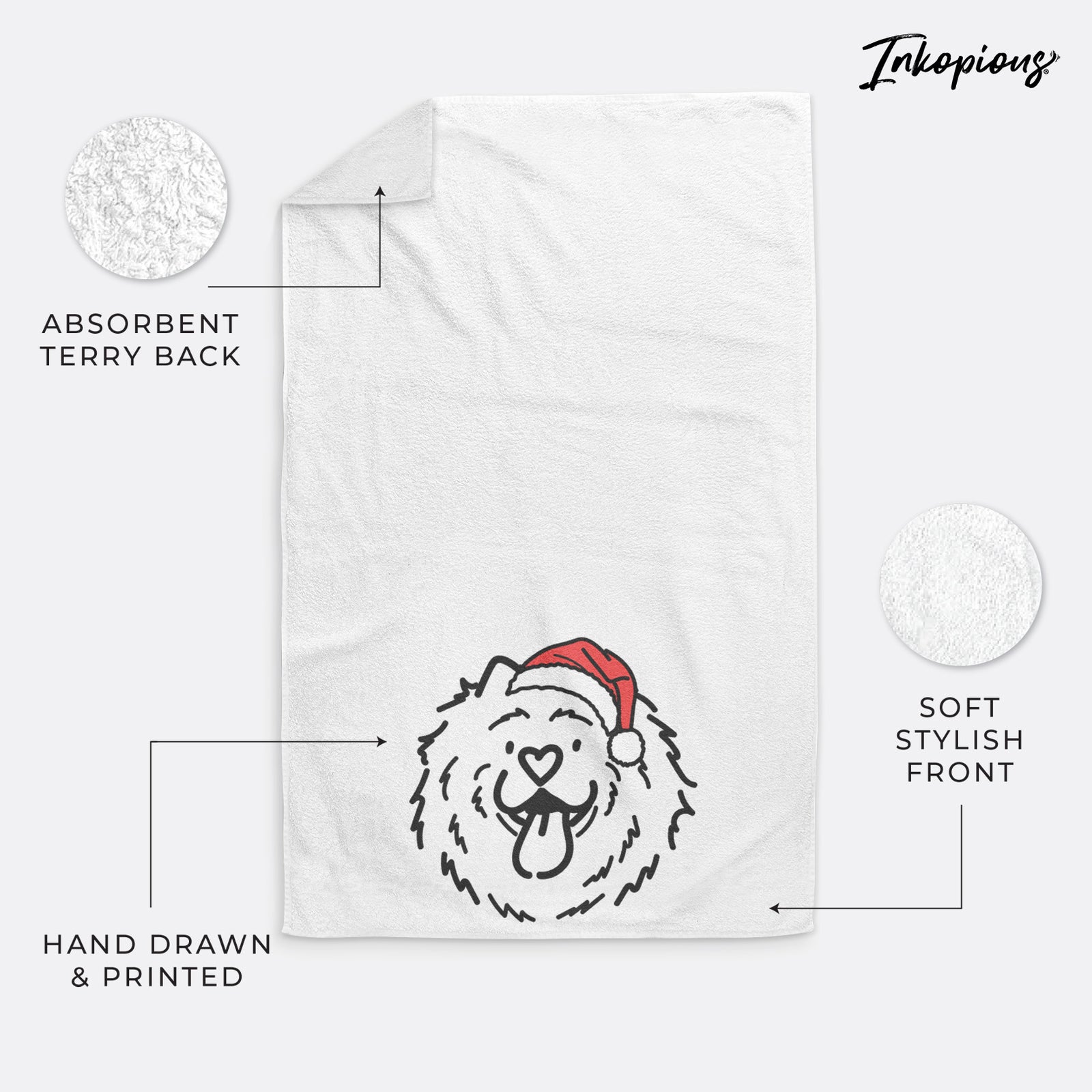 Minimalist line drawing of Bear the Chow Chow wearing a Santa hat on a hand towel