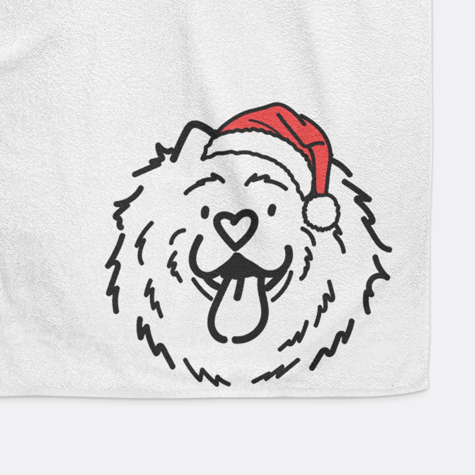 Minimalist line drawing of Bear the Chow Chow wearing a Santa hat on a hand towel