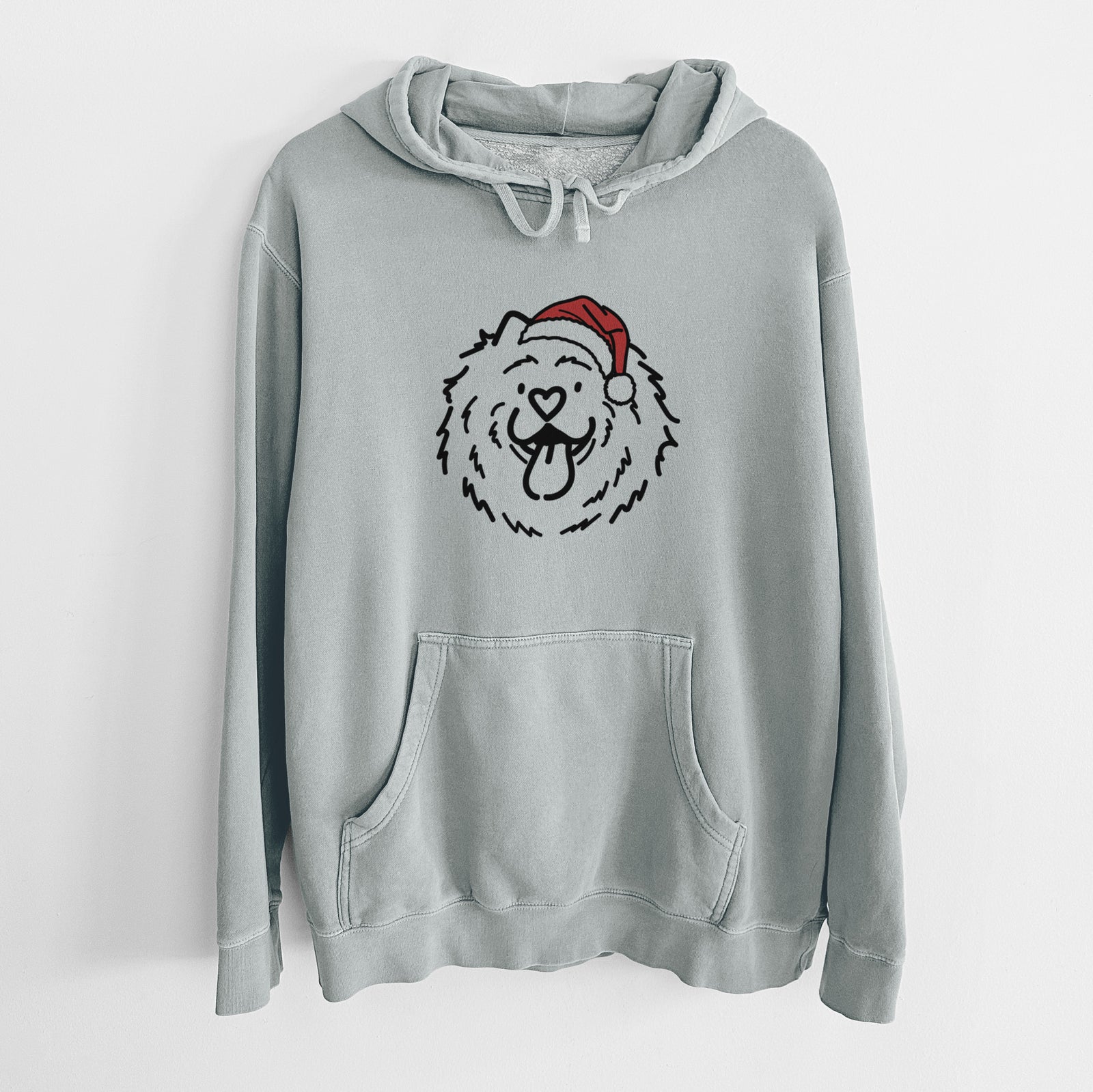 Minimalist line drawing of Bear the Chow Chow wearing a Santa hat on a Sage Unisex pigment dyed hoodie