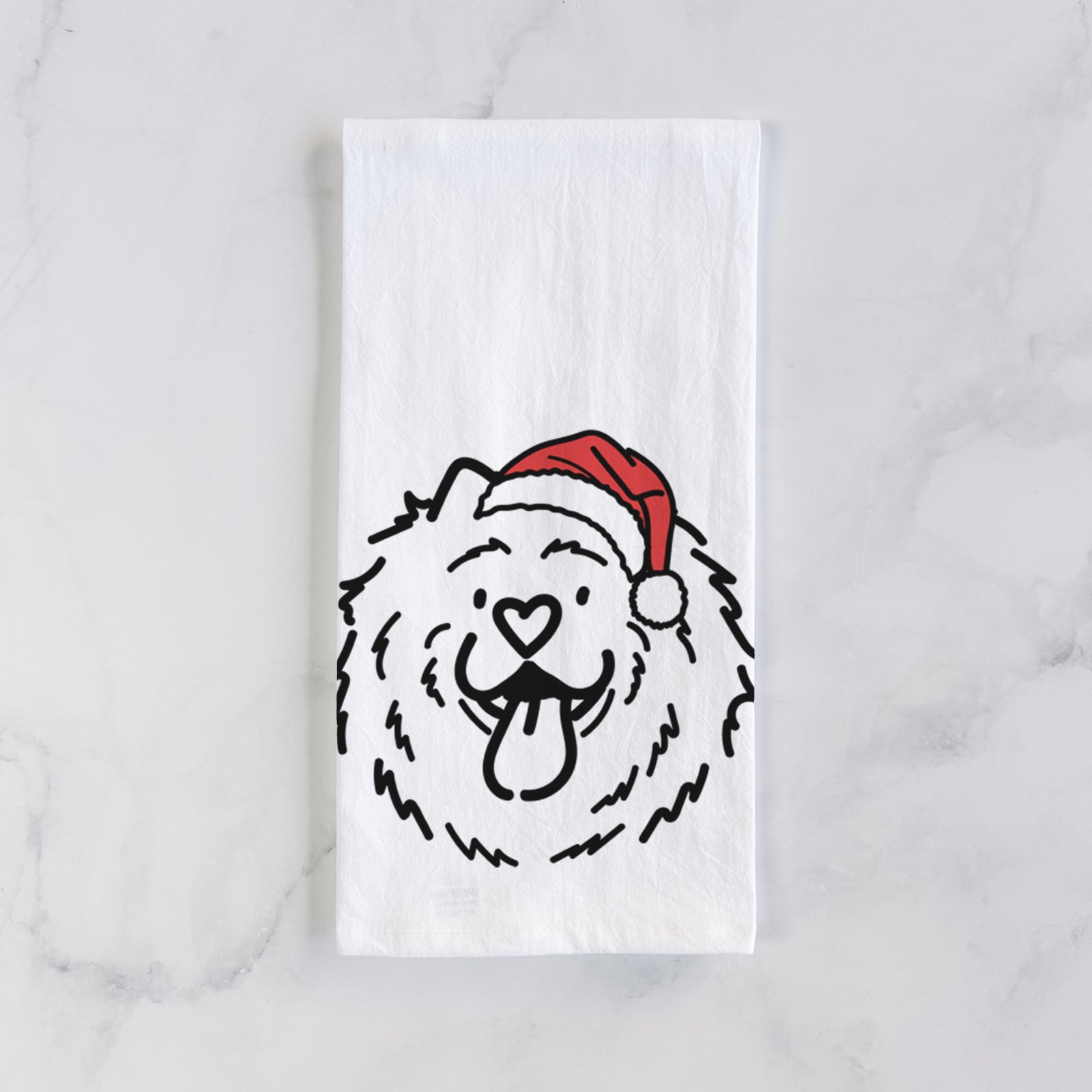 Minimalist line drawing of Bear the Chow Chow wearing a Santa hat on a tea towel