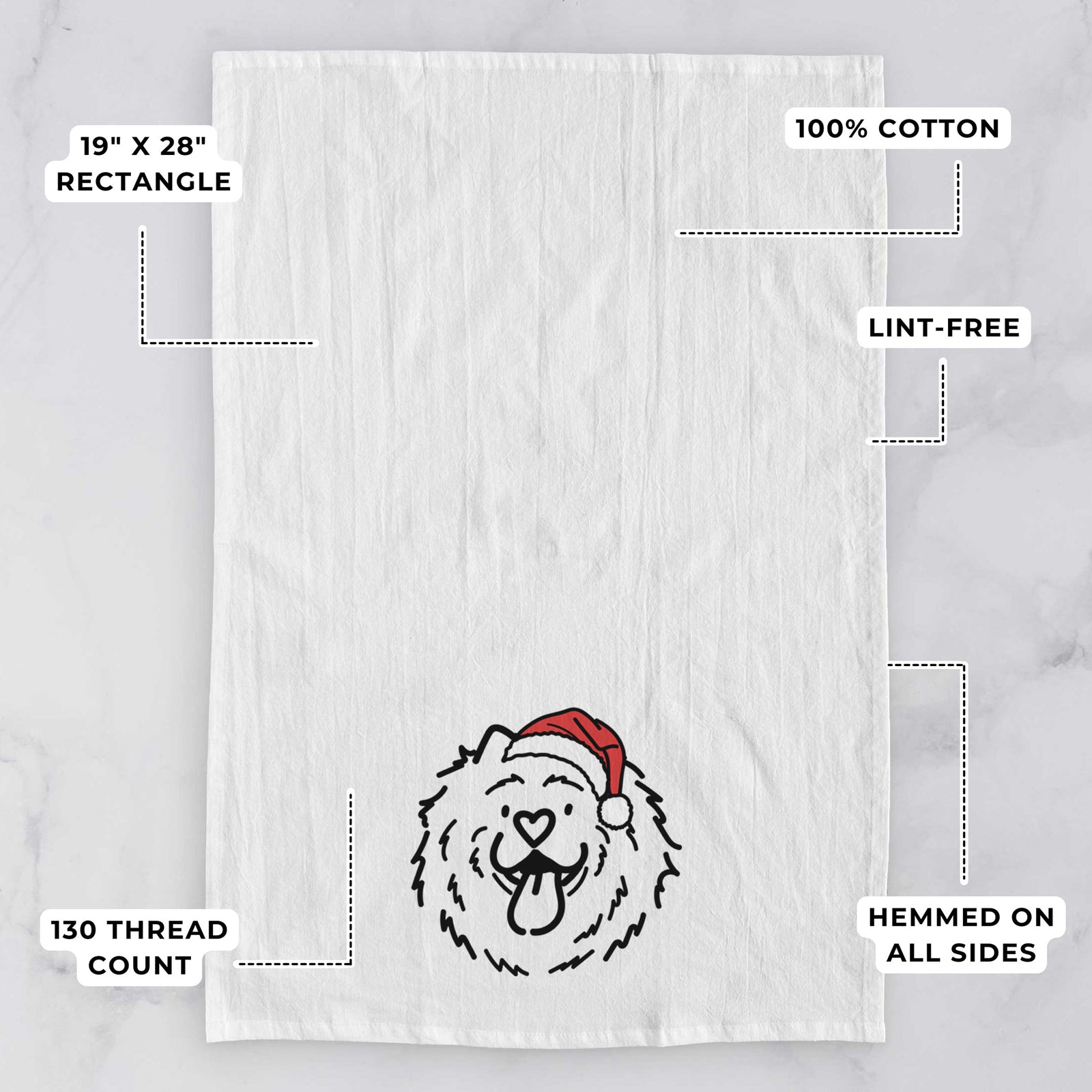 Minimalist line drawing of Bear the Chow Chow wearing a Santa hat on a tea towel, with feature callouts: 19 x 28 inch rectangle, 100% cotton, lint-free, 120 thread count, hemmed on all sides