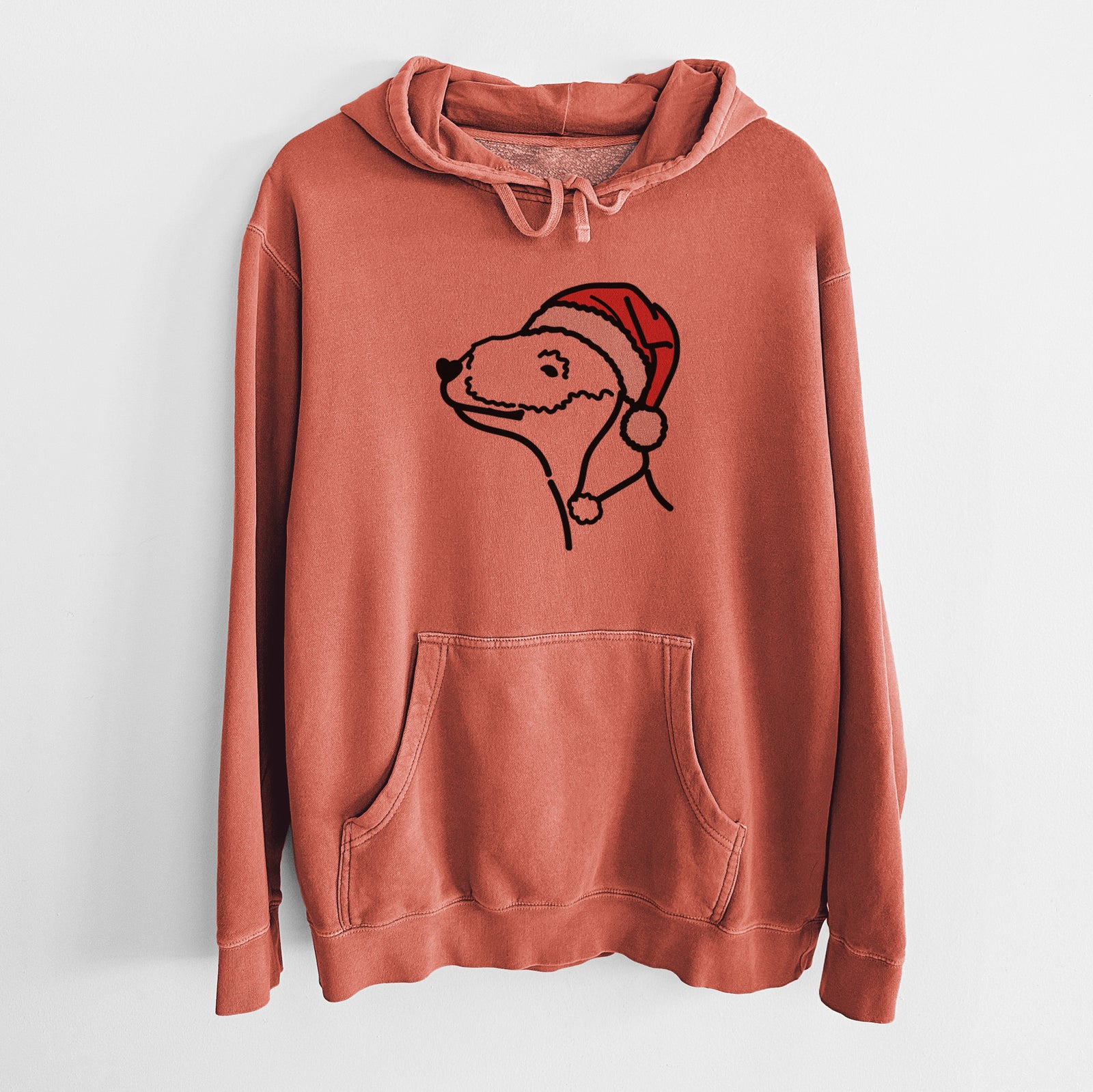 Minimalist line drawing of a Bedlington Terrier wearing a Santa hat on an Amber Unisex pigment dyed hoodie