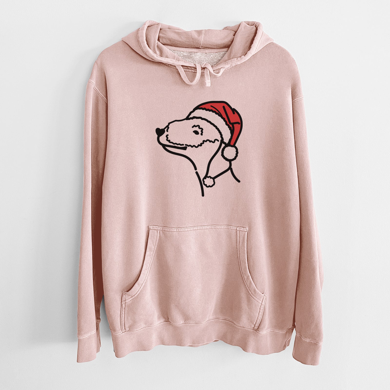 Minimalist line drawing of a Bedlington Terrier wearing a Santa hat on a Dusty Pink Unisex pigment dyed hoodie