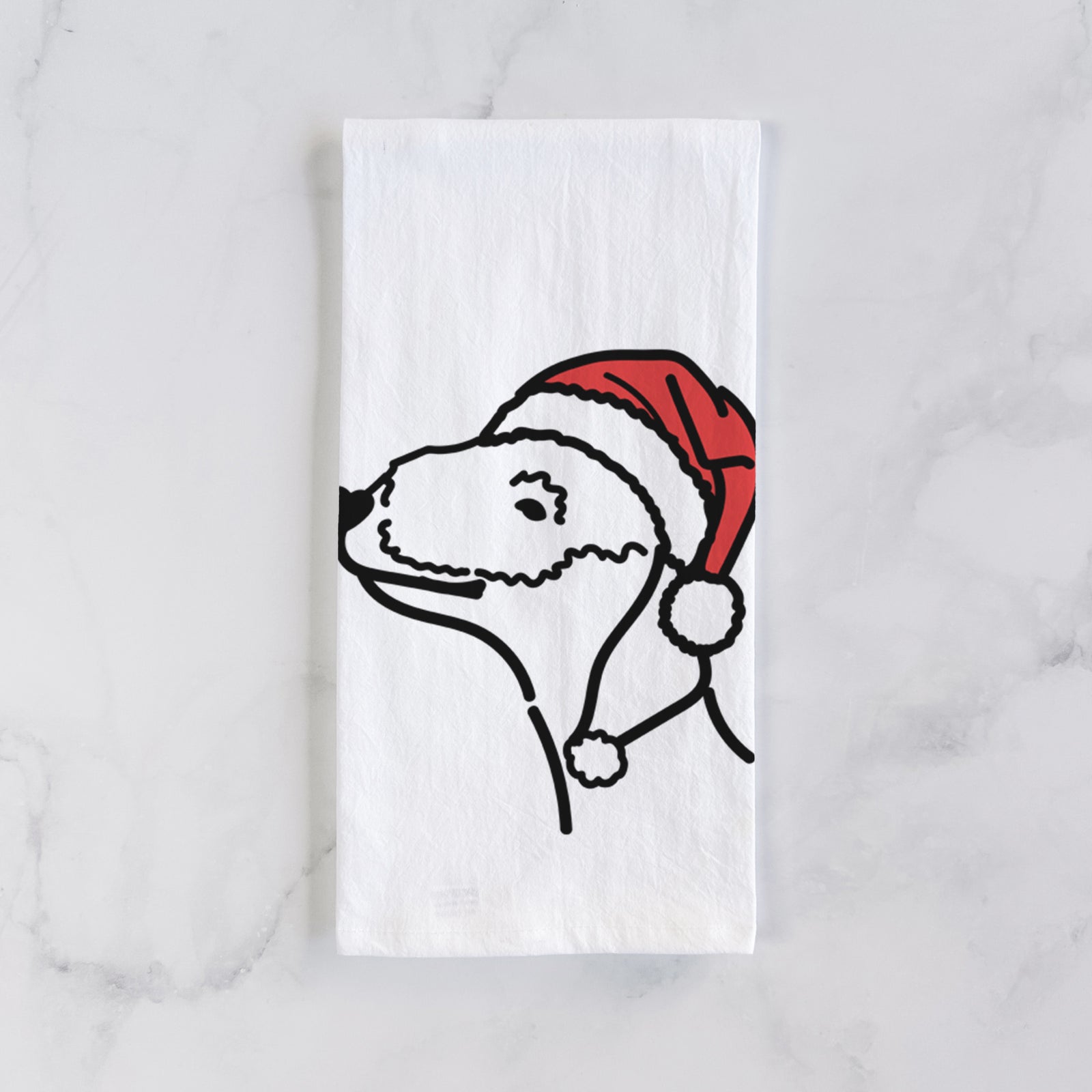 Minimalist line drawing of a Bedlington Terrier wearing a Santa hat on a tea towel