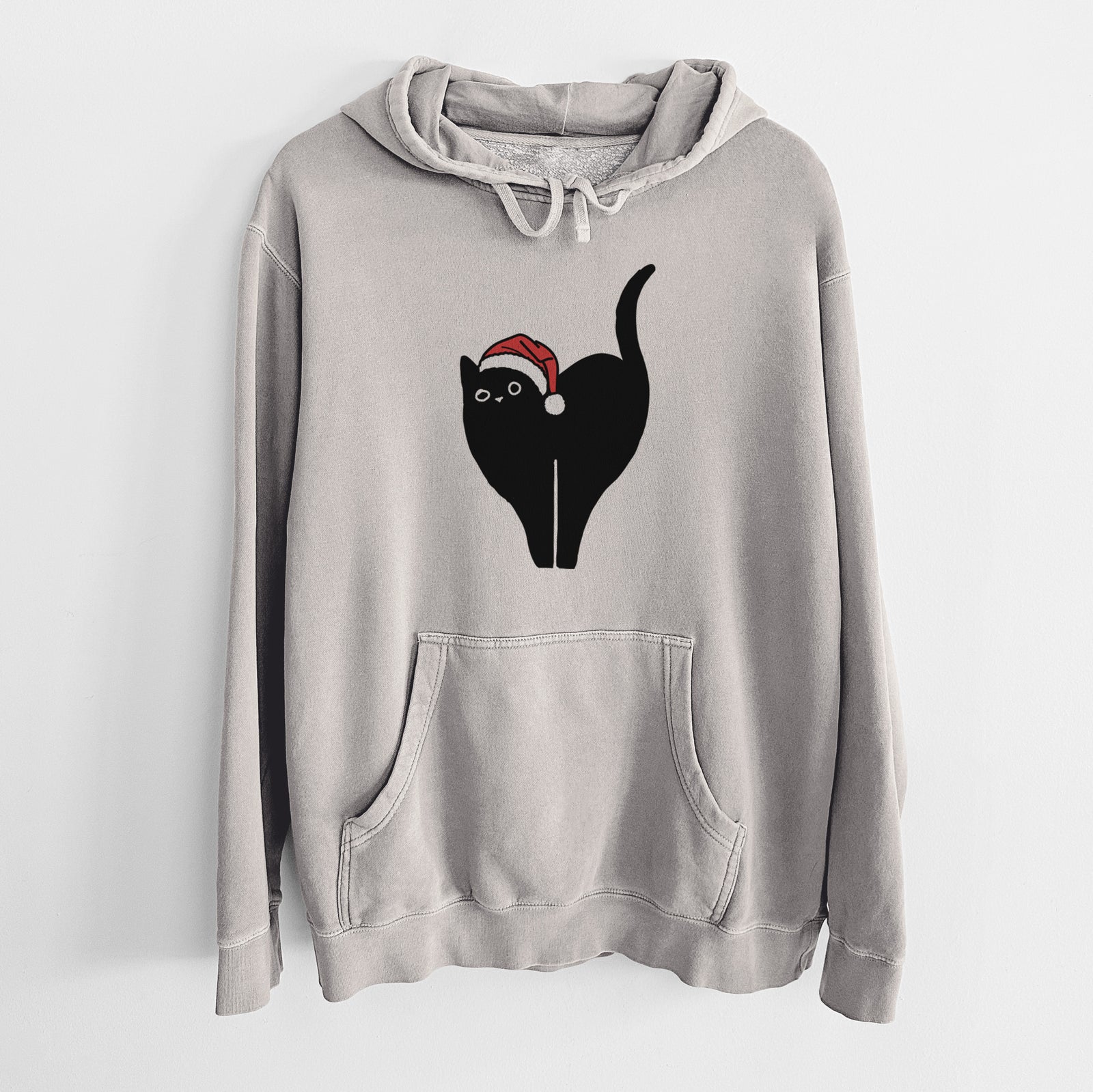 Minimalist line drawing of Bella the Black Cat wearing a Santa hat on a Cement Unisex pigment dyed hoodie