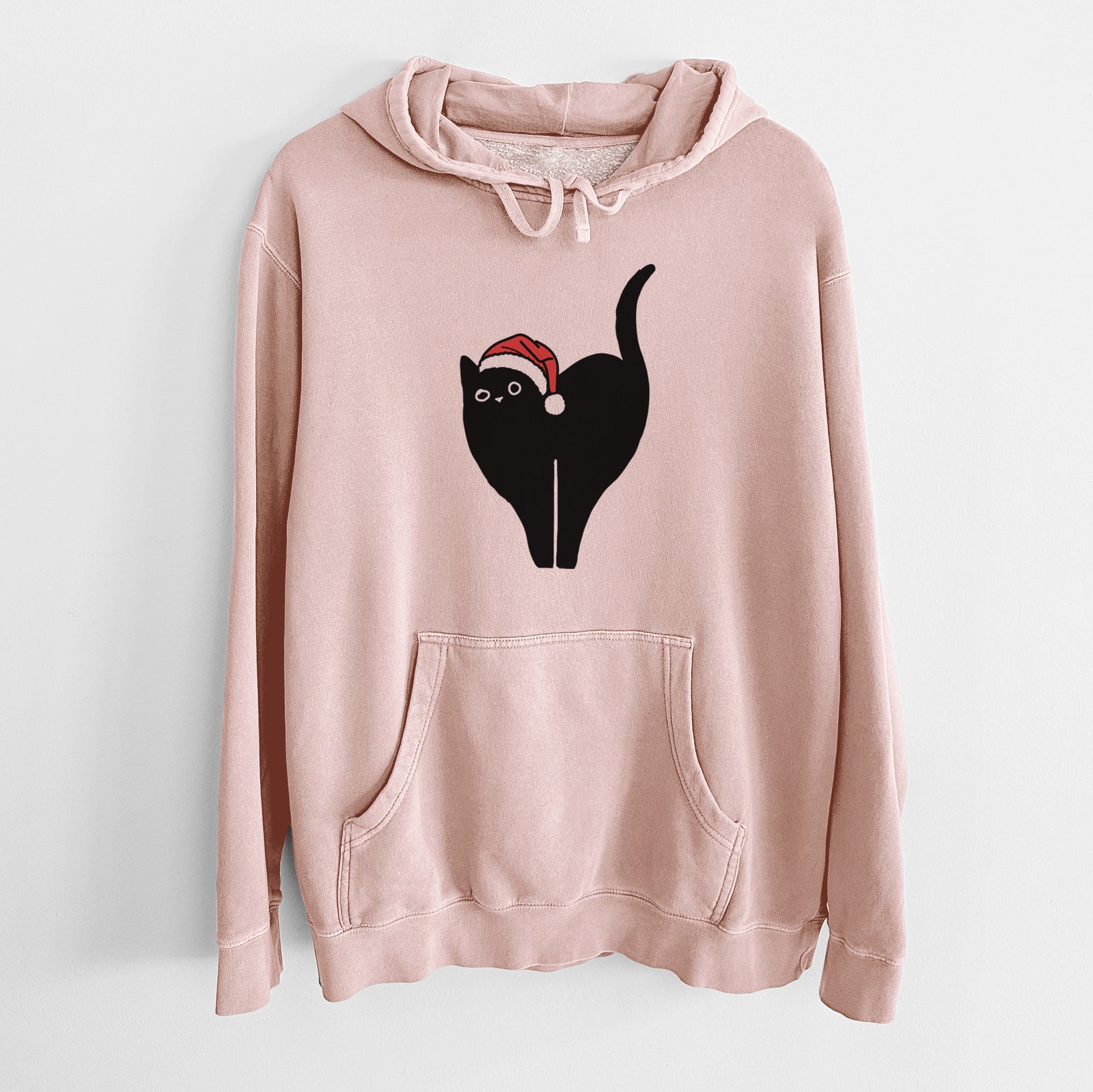 Minimalist line drawing of Bella the Black Cat wearing a Santa hat on a Dusty Pink Unisex pigment dyed hoodie
