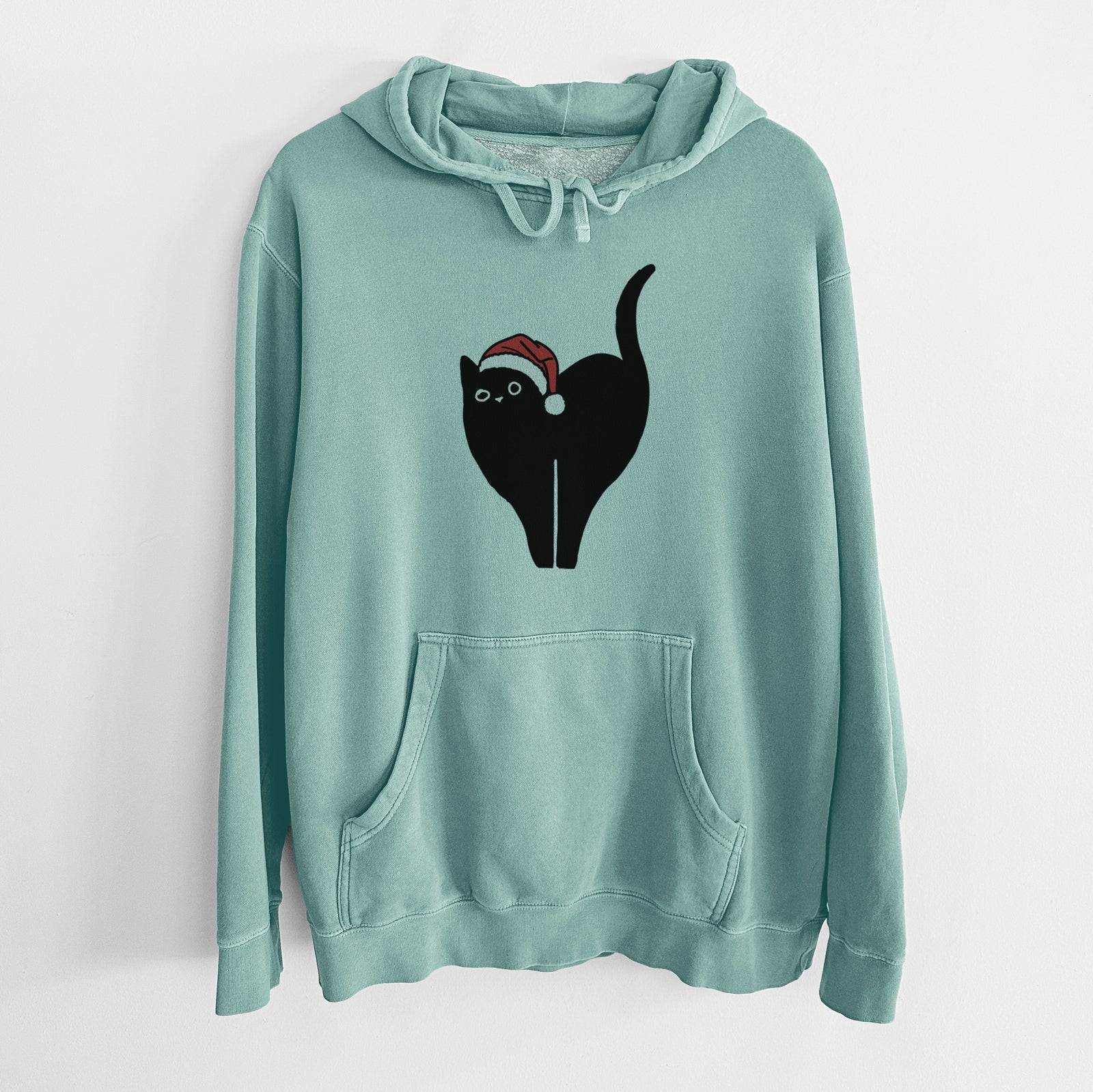 Minimalist line drawing of Bella the Black Cat wearing a Santa hat on a Mint Unisex pigment dyed hoodie