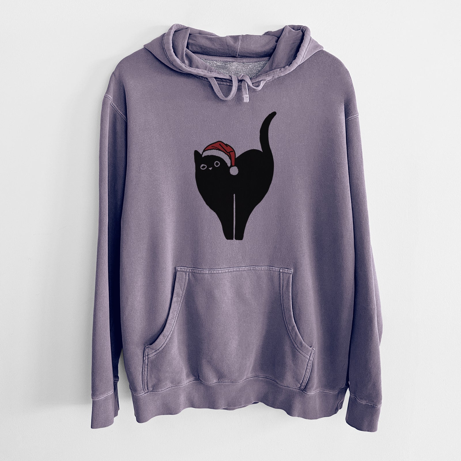 Minimalist line drawing of Bella the Black Cat wearing a Santa hat on a Plum Unisex pigment dyed hoodie
