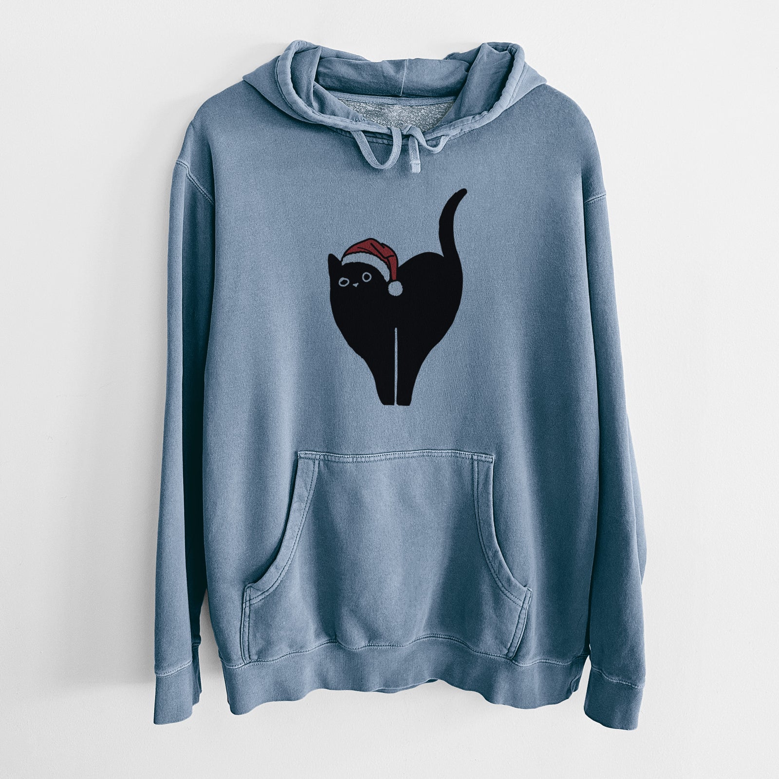 Minimalist line drawing of Bella the Black Cat wearing a Santa hat on a Slate Blue Unisex pigment dyed hoodie