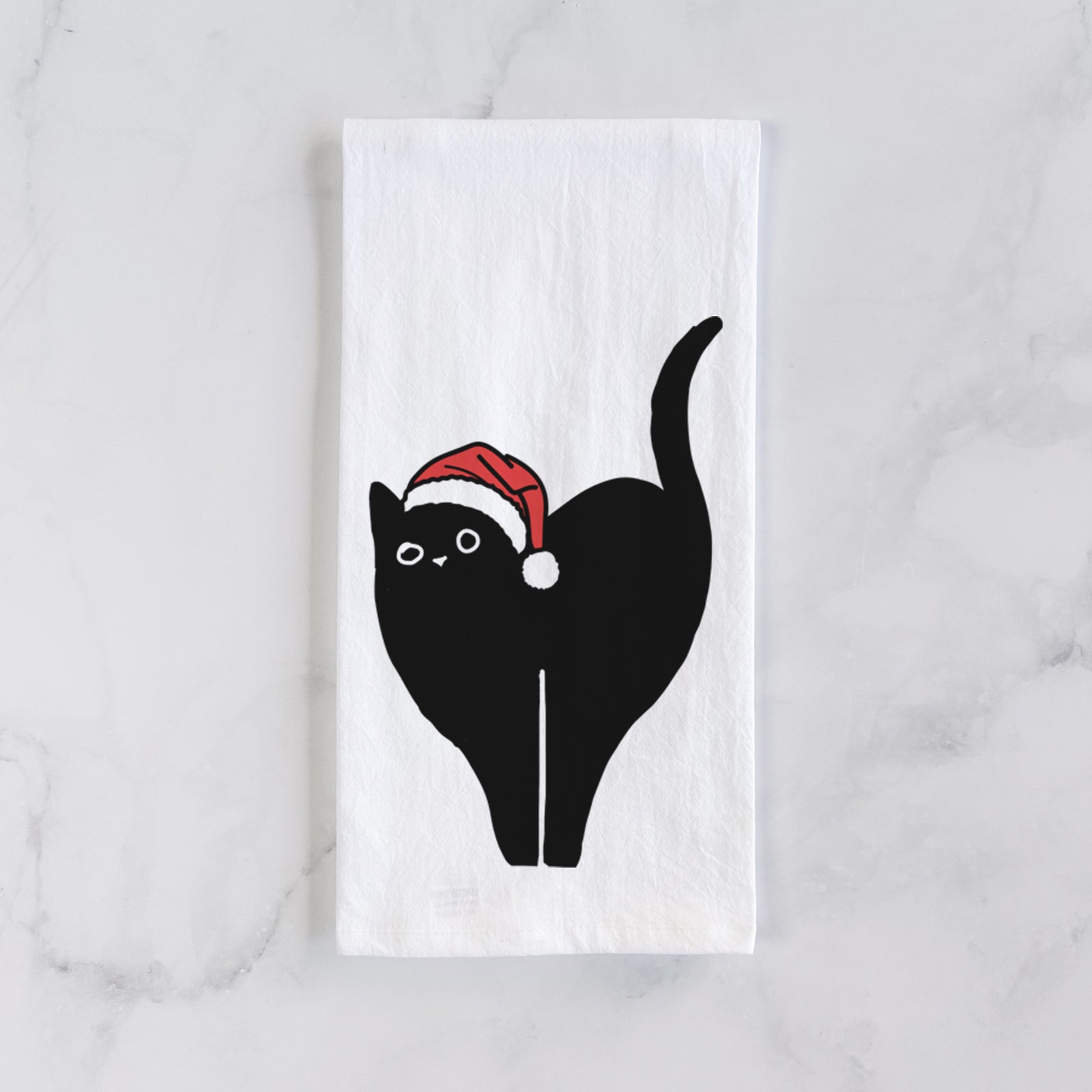 Minimalist line drawing of Bella the Black Cat wearing a Santa hat on a tea towel