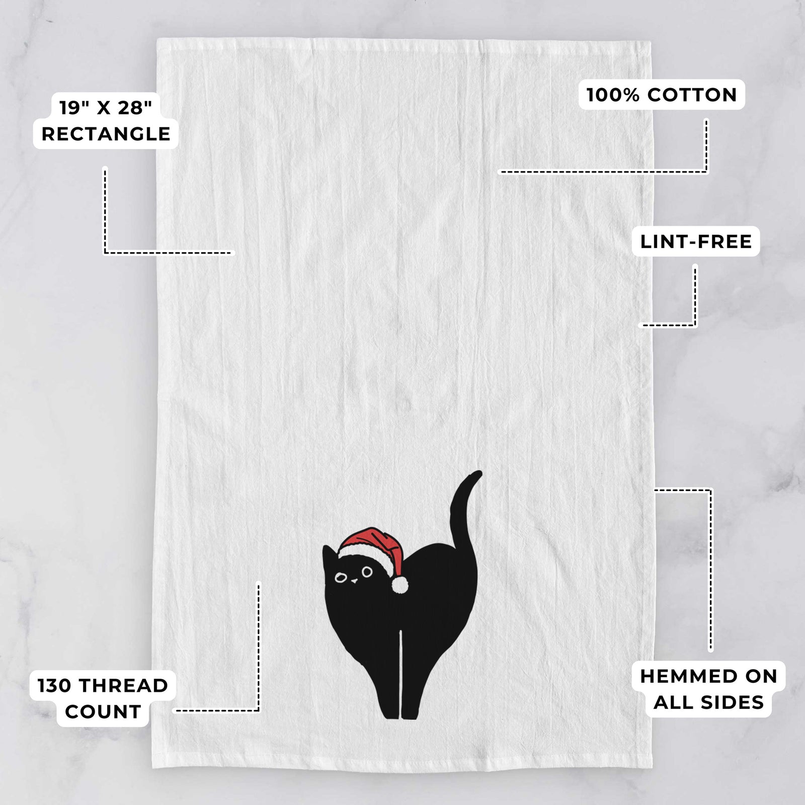 Minimalist line drawing of Bella the Black Cat wearing a Santa hat on a tea towel, with feature callouts: 19 x 28 inch rectangle, 100% cotton, lint-free, 120 thread count, hemmed on all sides